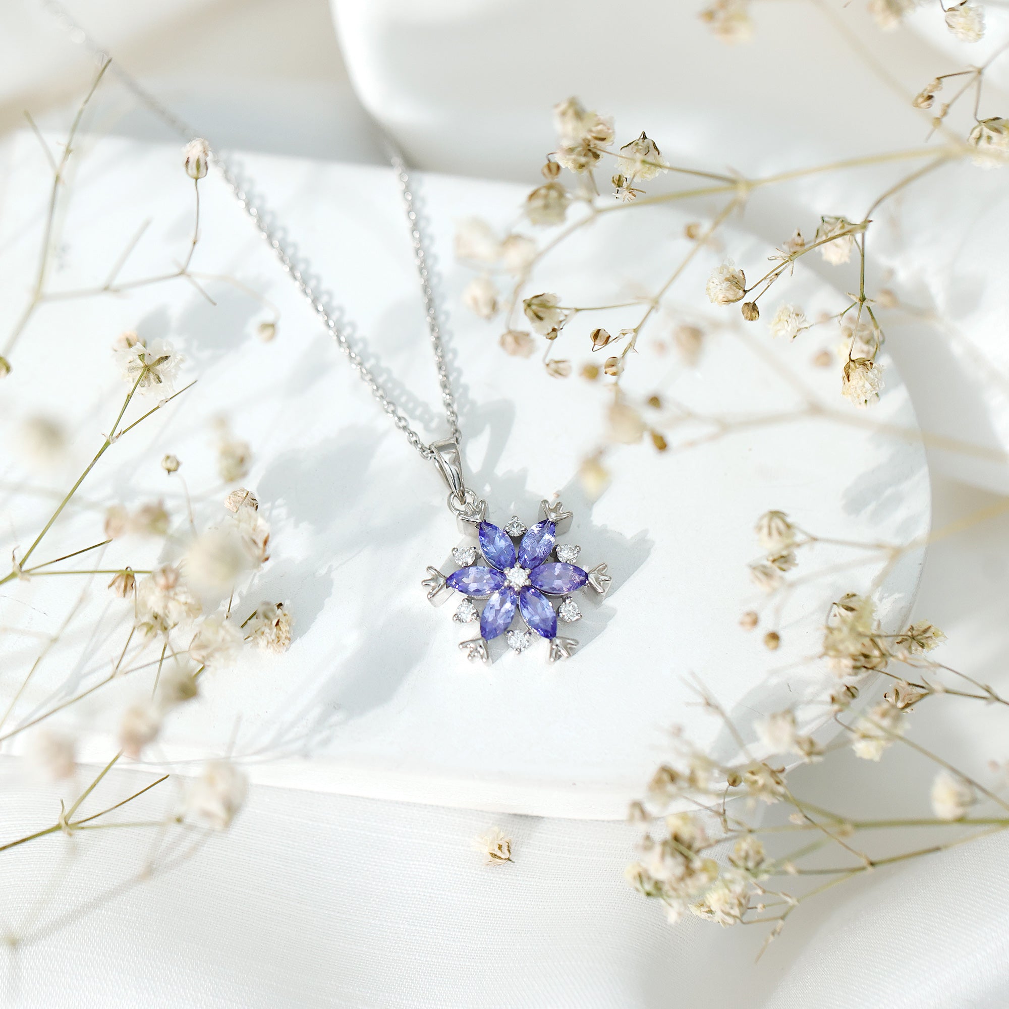 Natural Tanzanite Snowflake Necklace with Lab Diamond AAA 92.5 Sterling Silver - Rosec Jewels