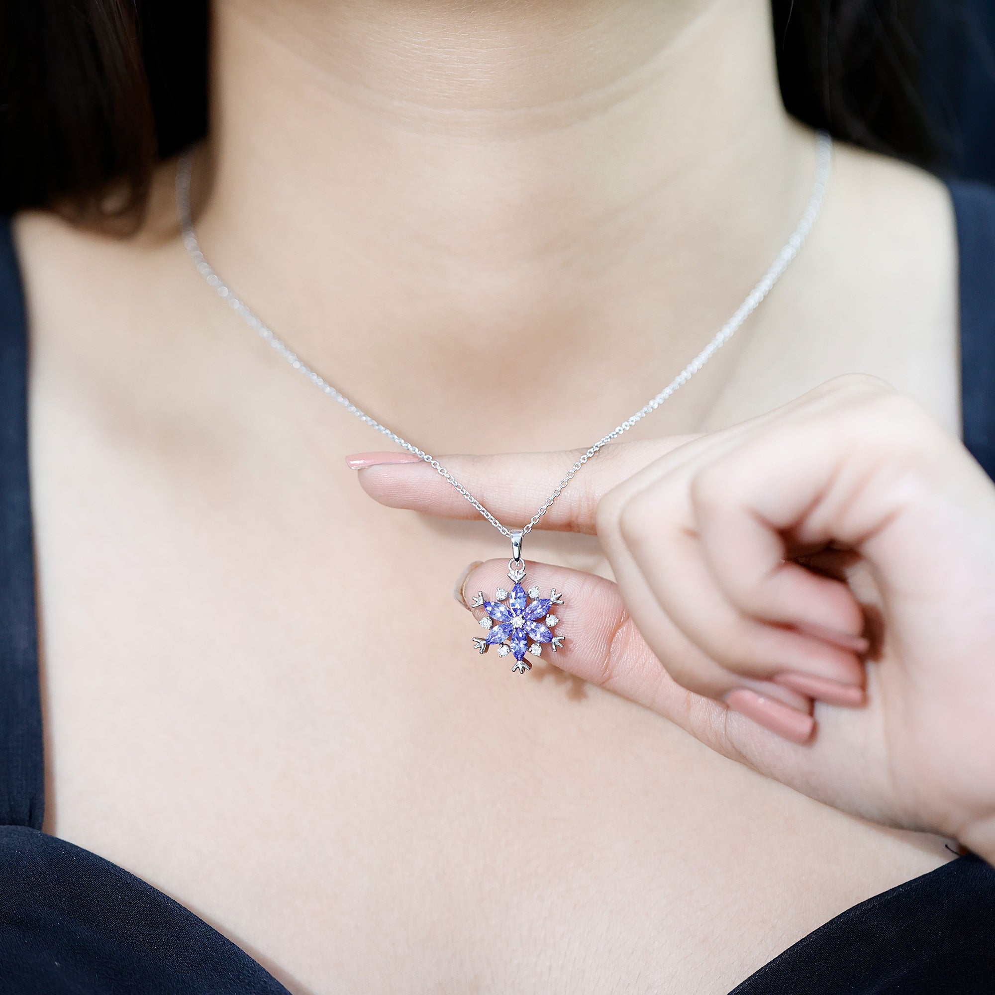 Natural Tanzanite Snowflake Necklace with Lab Diamond AAA 92.5 Sterling Silver - Rosec Jewels