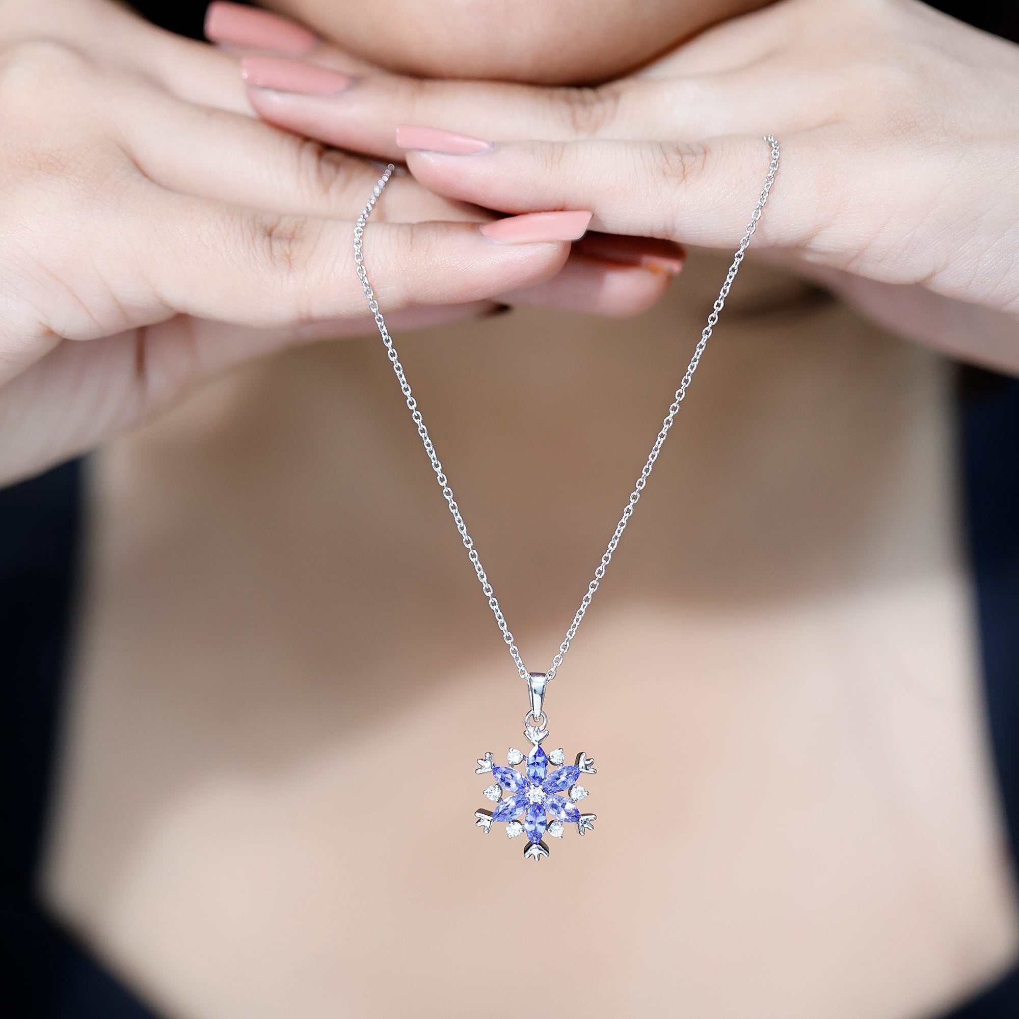 Natural Tanzanite Snowflake Necklace with Lab Diamond AAA 92.5 Sterling Silver - Rosec Jewels