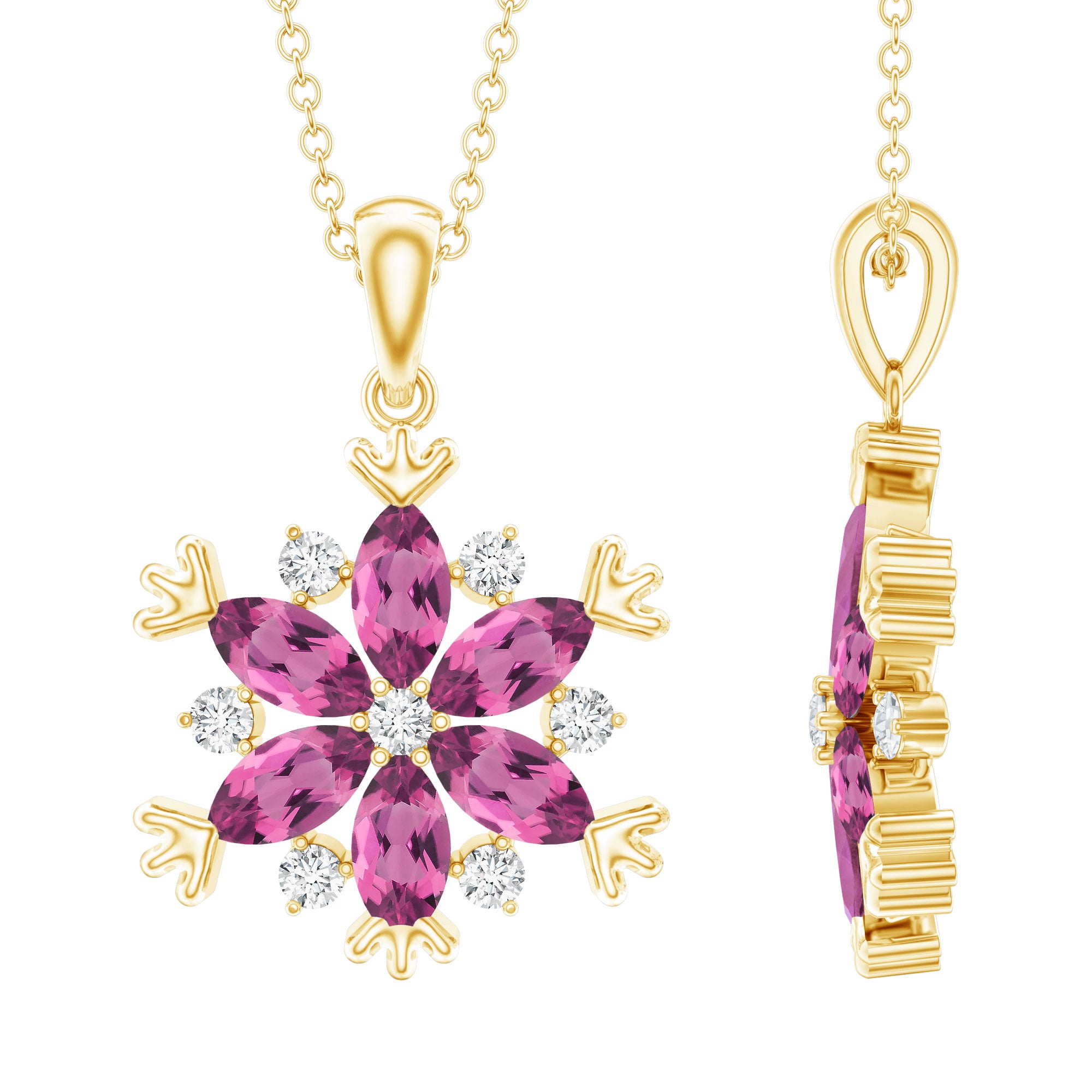 Certified Pink Tourmaline Flower Pendant Necklace with Silver Chain AAA 14K Yellow Gold Plated Silver - Rosec Jewels