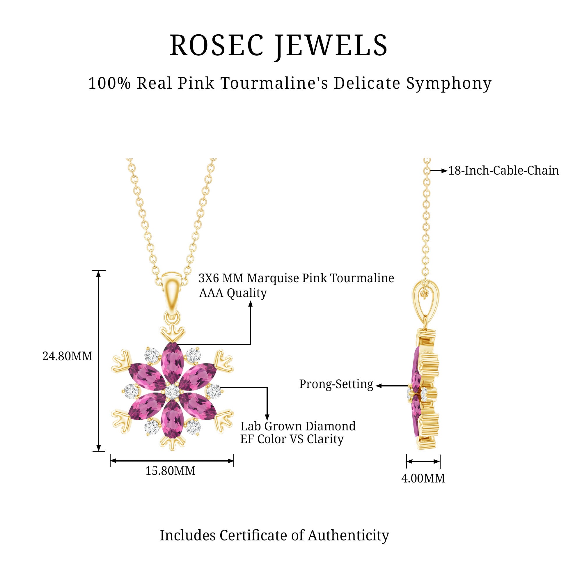 Certified Pink Tourmaline Flower Pendant Necklace with Silver Chain AAA 14K Yellow Gold Plated Silver - Rosec Jewels