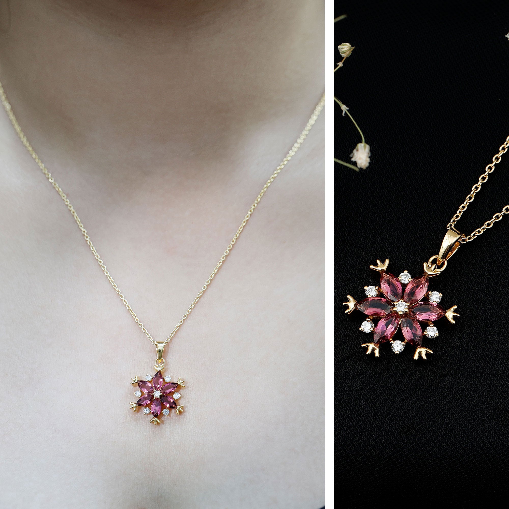 Certified Pink Tourmaline Flower Pendant Necklace with Silver Chain AAA 14K Yellow Gold Plated Silver - Rosec Jewels