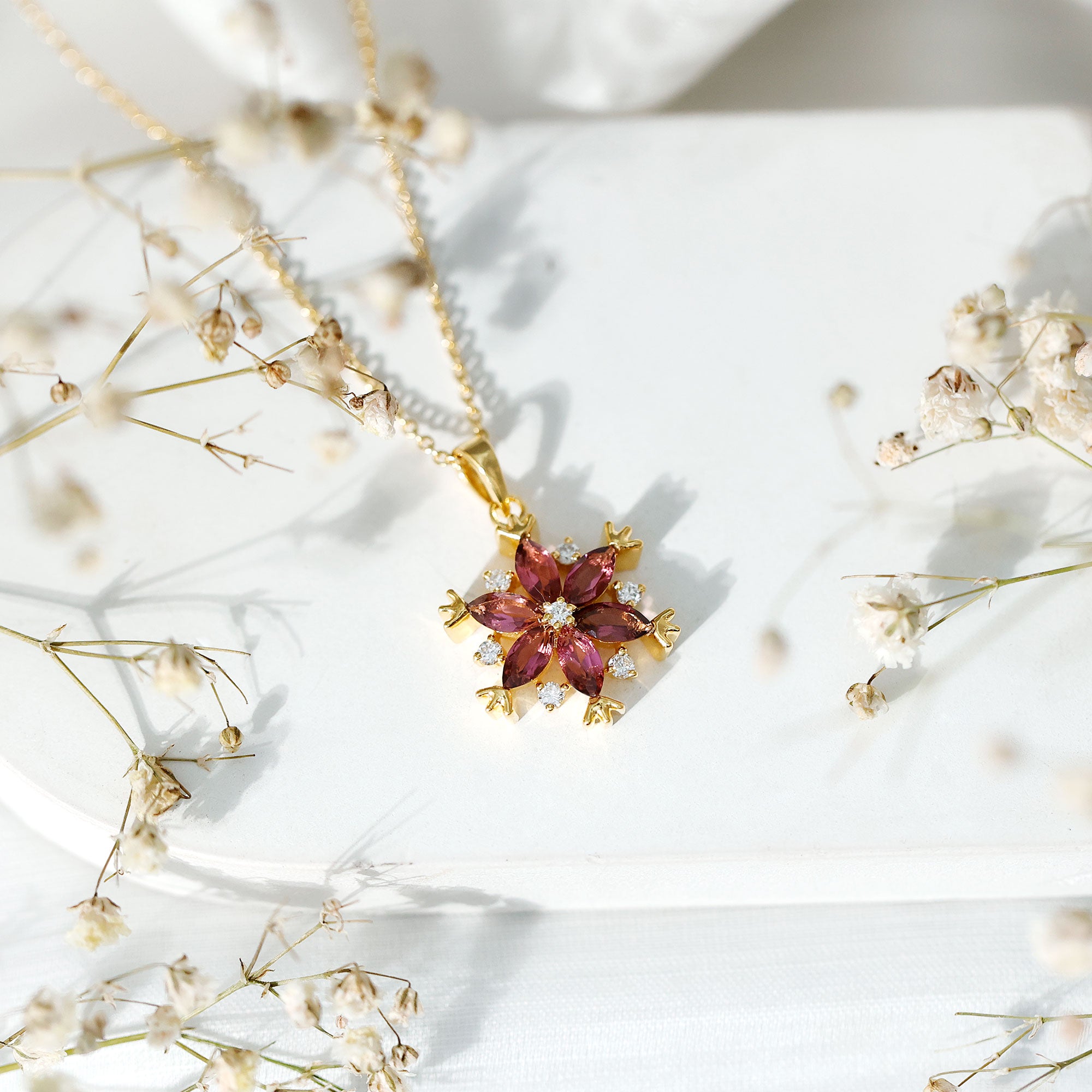 Certified Pink Tourmaline Flower Pendant Necklace with Silver Chain AAA 14K Yellow Gold Plated Silver - Rosec Jewels