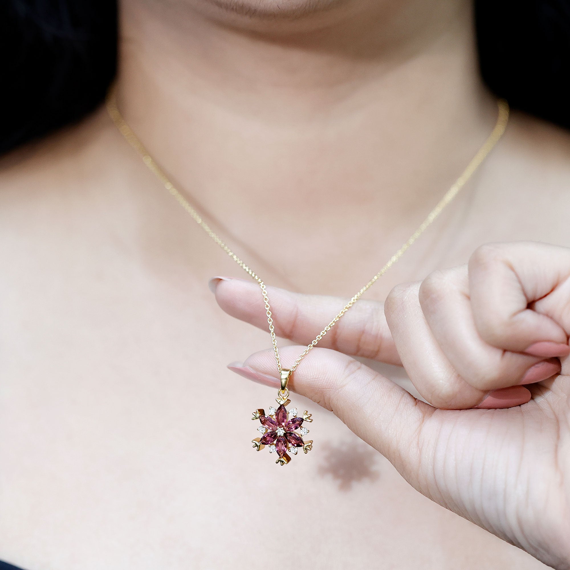 Certified Pink Tourmaline Flower Pendant Necklace with Silver Chain AAA 14K Yellow Gold Plated Silver - Rosec Jewels