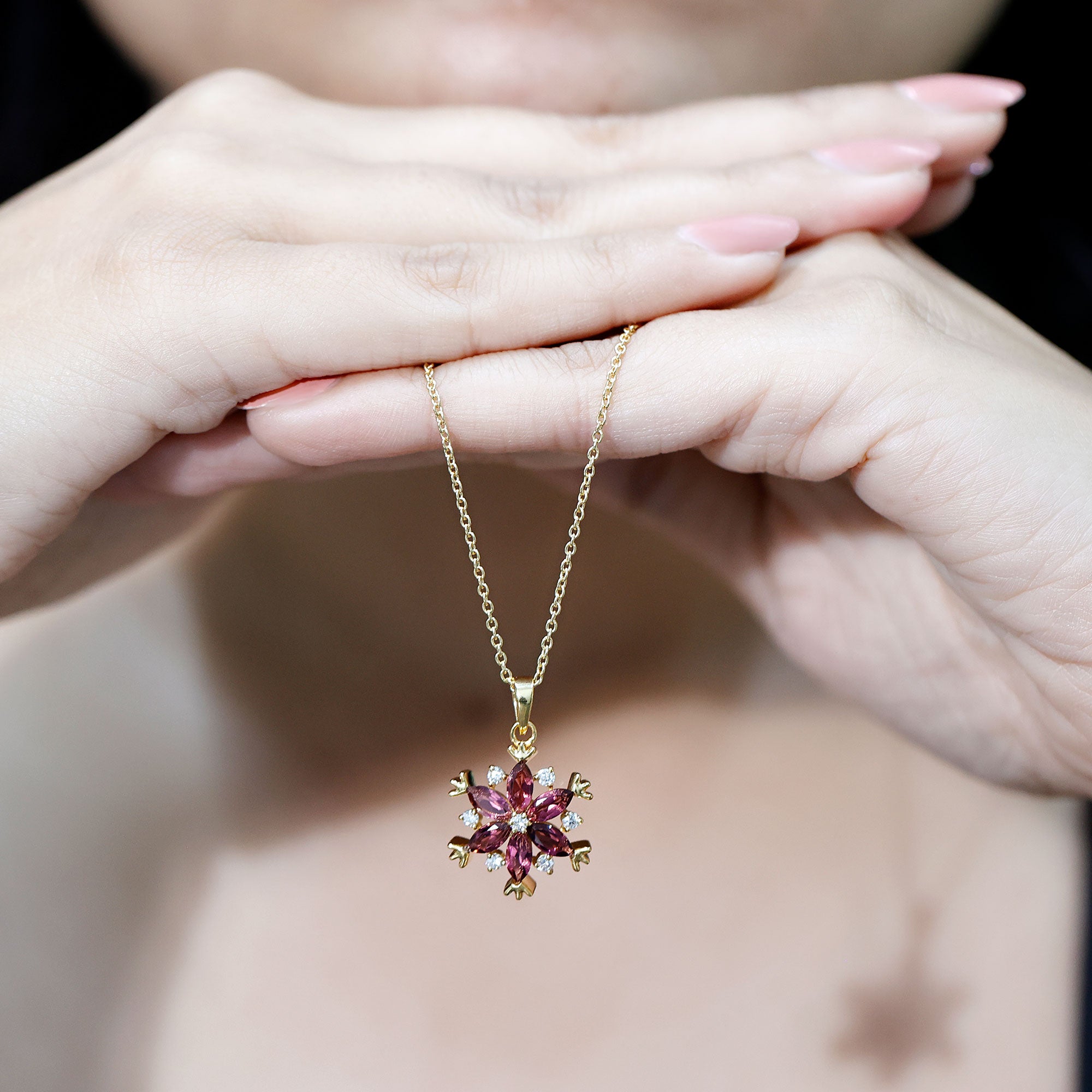 Certified Pink Tourmaline Flower Pendant Necklace with Silver Chain AAA 14K Yellow Gold Plated Silver - Rosec Jewels
