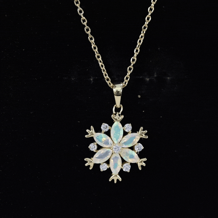 Certified Ethiopian Opal Diamond Snowflake Necklace for Christmas AAA 14K Yellow Gold Plated Silver - Rosec Jewels