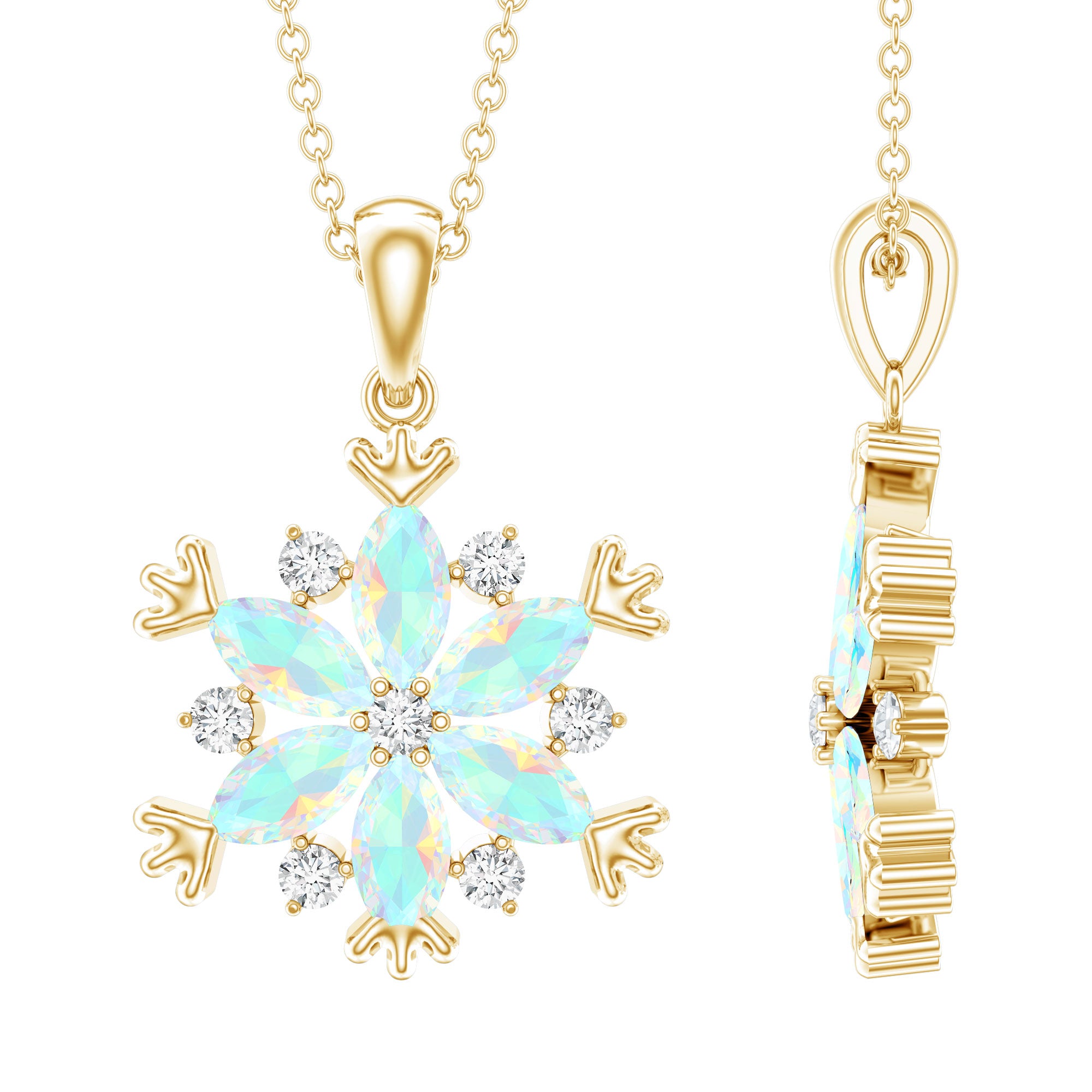 Certified Ethiopian Opal Diamond Snowflake Necklace for Christmas AAA 14K Yellow Gold Plated Silver - Rosec Jewels