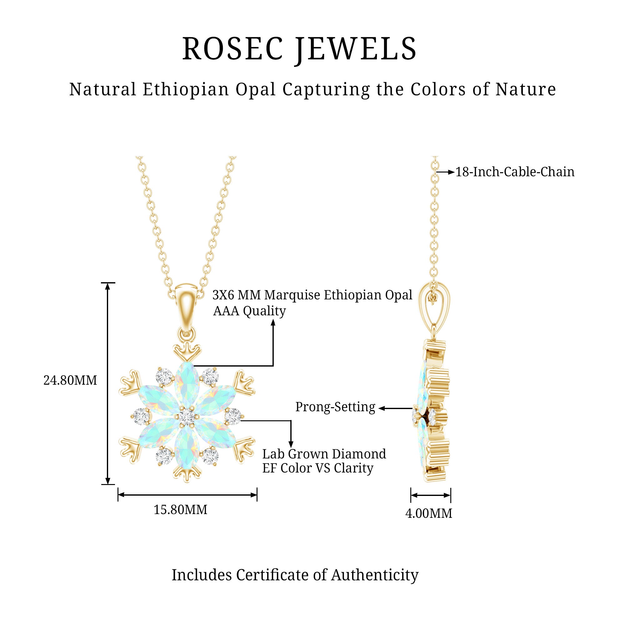 Certified Ethiopian Opal Diamond Snowflake Necklace for Christmas AAA 14K Yellow Gold Plated Silver - Rosec Jewels