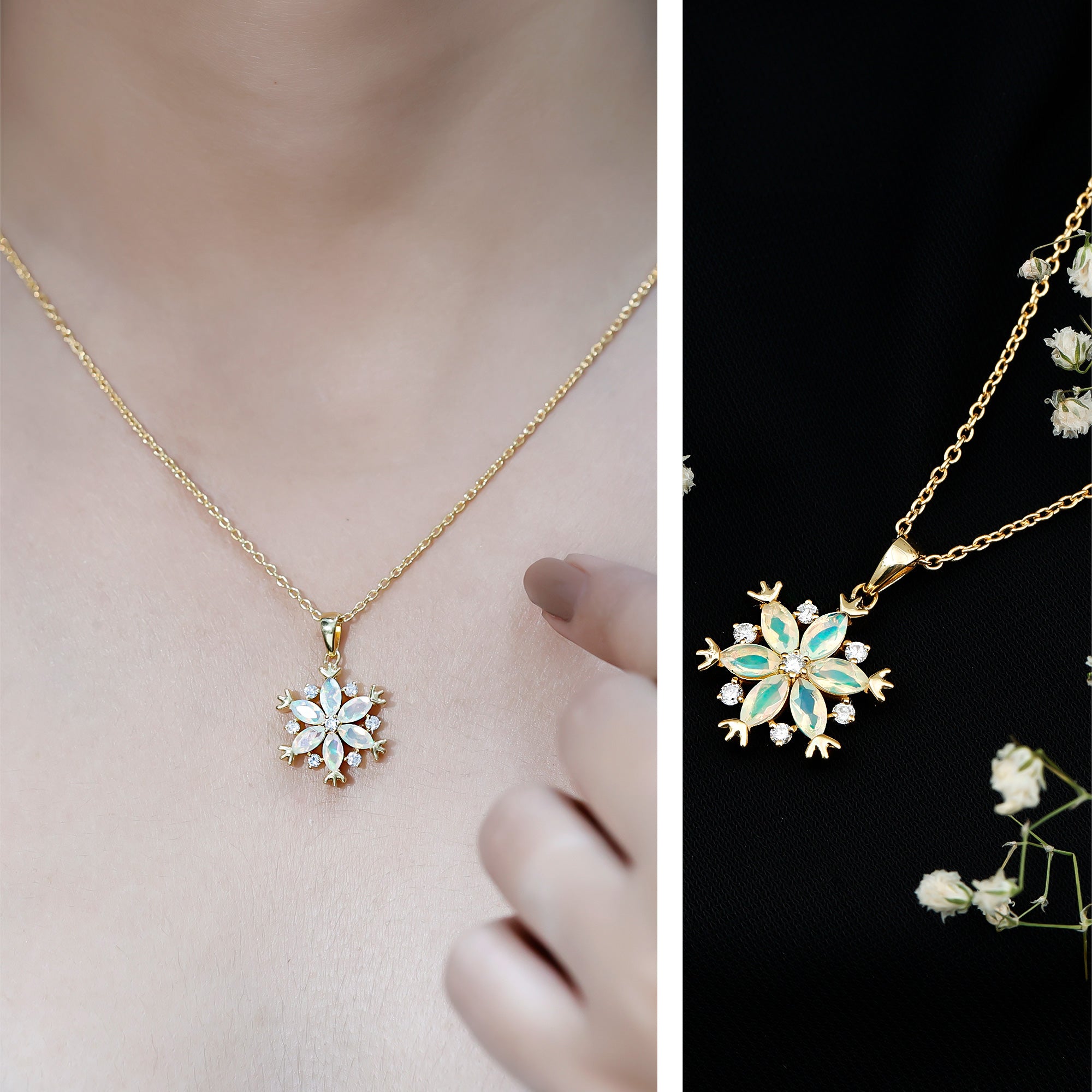 Certified Ethiopian Opal Diamond Snowflake Necklace for Christmas AAA 14K Yellow Gold Plated Silver - Rosec Jewels