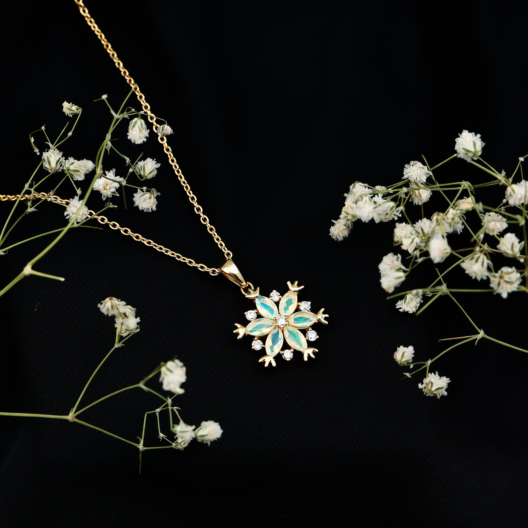 Certified Ethiopian Opal Diamond Snowflake Necklace for Christmas AAA 14K Yellow Gold Plated Silver - Rosec Jewels