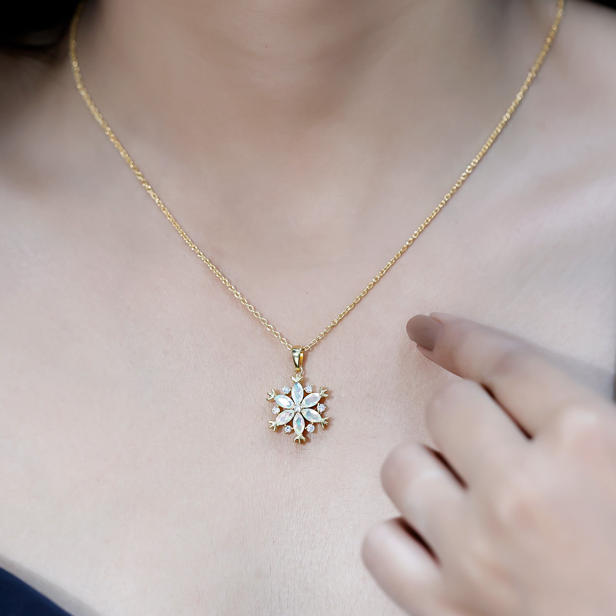 Certified Ethiopian Opal Diamond Snowflake Necklace for Christmas AAA 14K Yellow Gold Plated Silver - Rosec Jewels