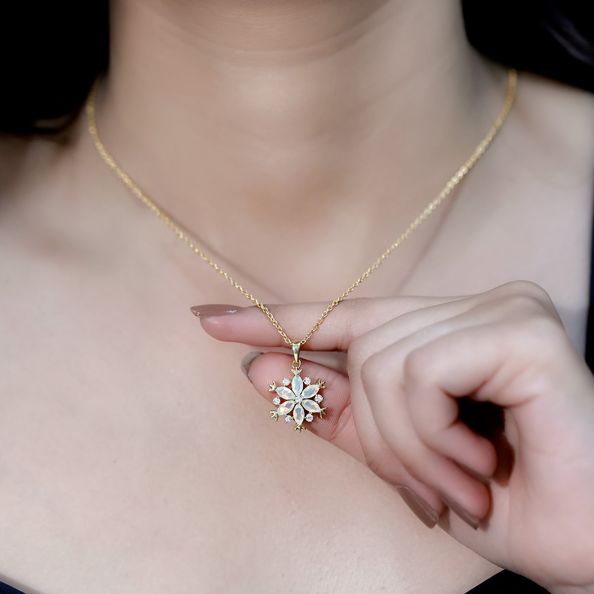 Certified Ethiopian Opal Diamond Snowflake Necklace for Christmas AAA 14K Yellow Gold Plated Silver - Rosec Jewels