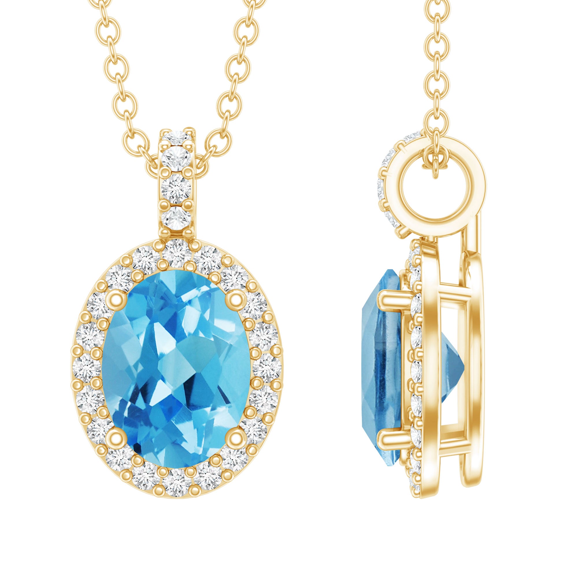 Natural 1 Carat Swiss Blue Topaz and Diamond Halo Necklace With Silver Chain AAA 14K Yellow Gold Plated Silver - Rosec Jewels