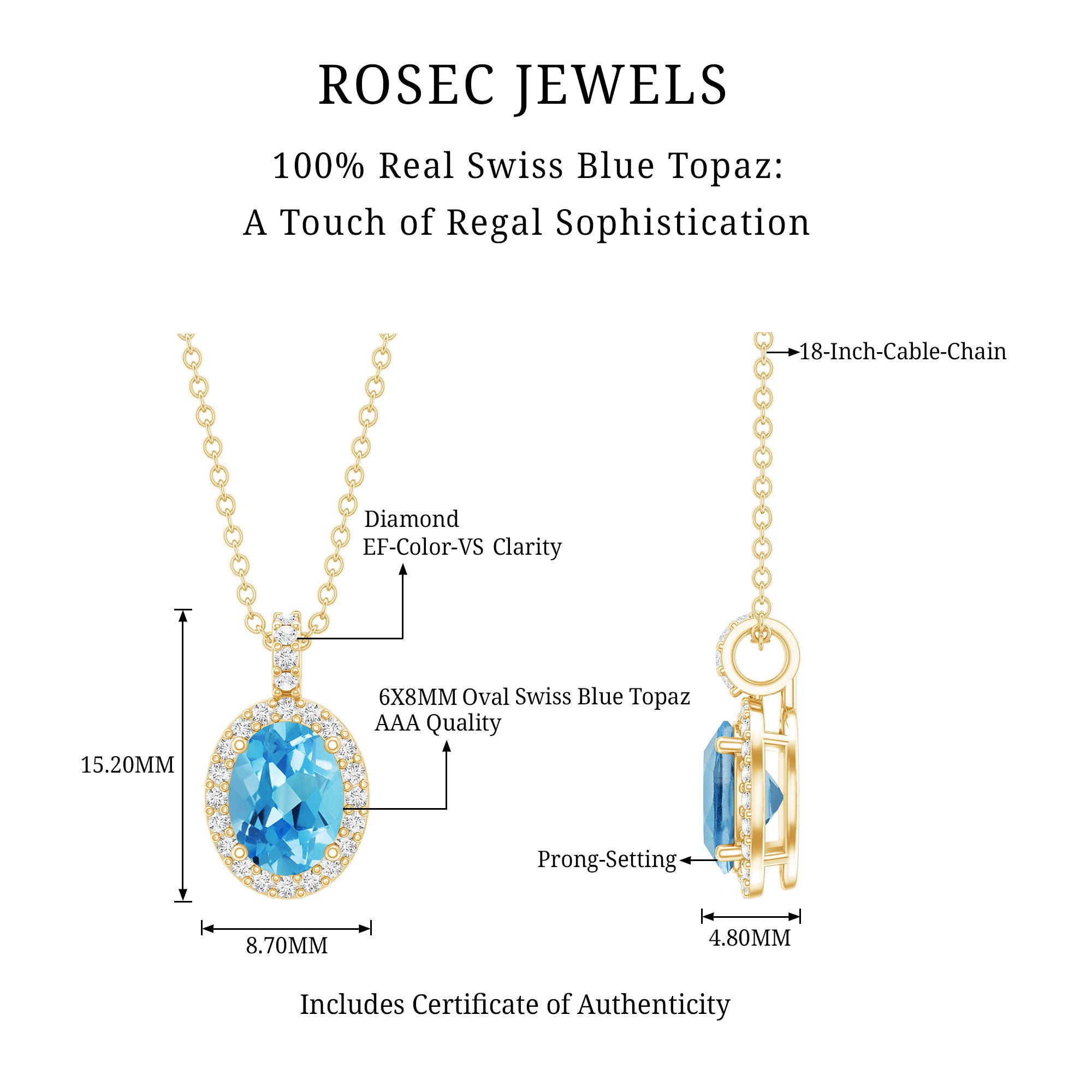 Natural 1 Carat Swiss Blue Topaz and Diamond Halo Necklace With Silver Chain AAA 14K Yellow Gold Plated Silver - Rosec Jewels
