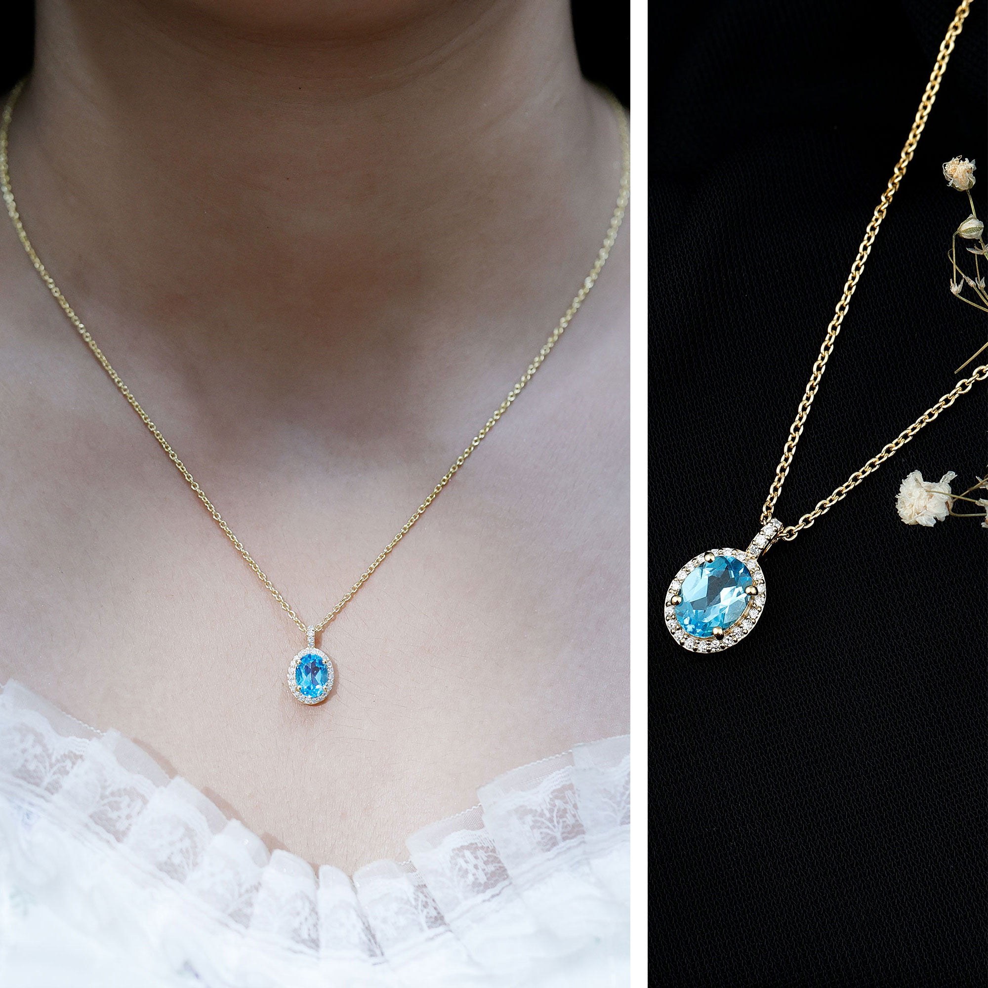 Natural 1 Carat Swiss Blue Topaz and Diamond Halo Necklace With Silver Chain AAA 14K Yellow Gold Plated Silver - Rosec Jewels