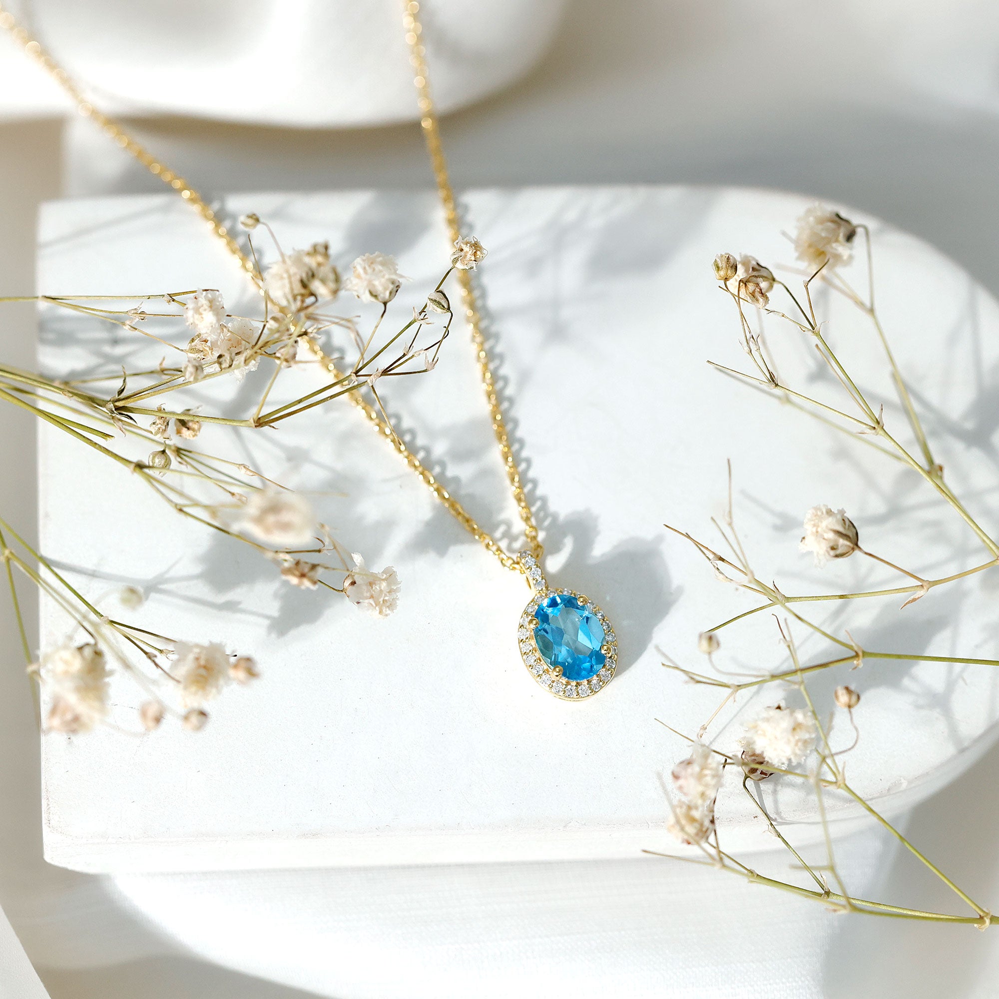 Natural 1 Carat Swiss Blue Topaz and Diamond Halo Necklace With Silver Chain AAA 14K Yellow Gold Plated Silver - Rosec Jewels