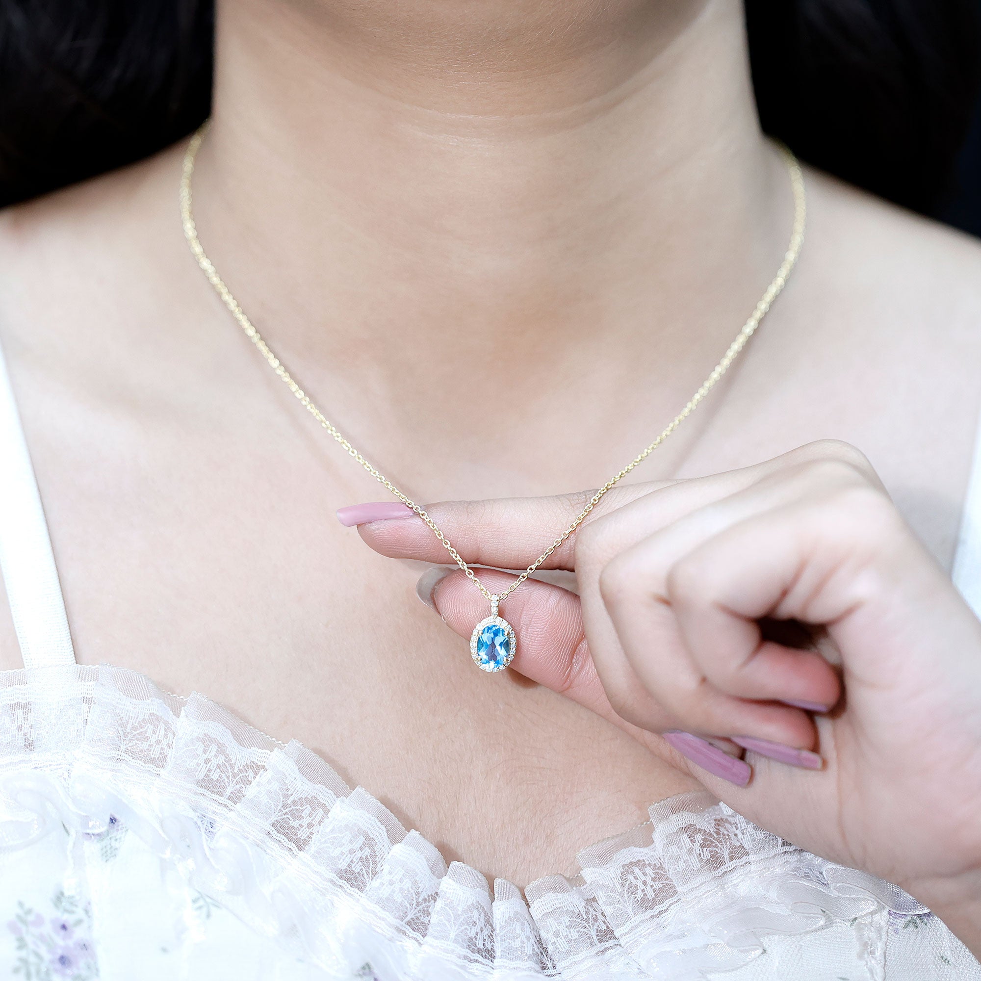 Natural 1 Carat Swiss Blue Topaz and Diamond Halo Necklace With Silver Chain AAA 14K Yellow Gold Plated Silver - Rosec Jewels