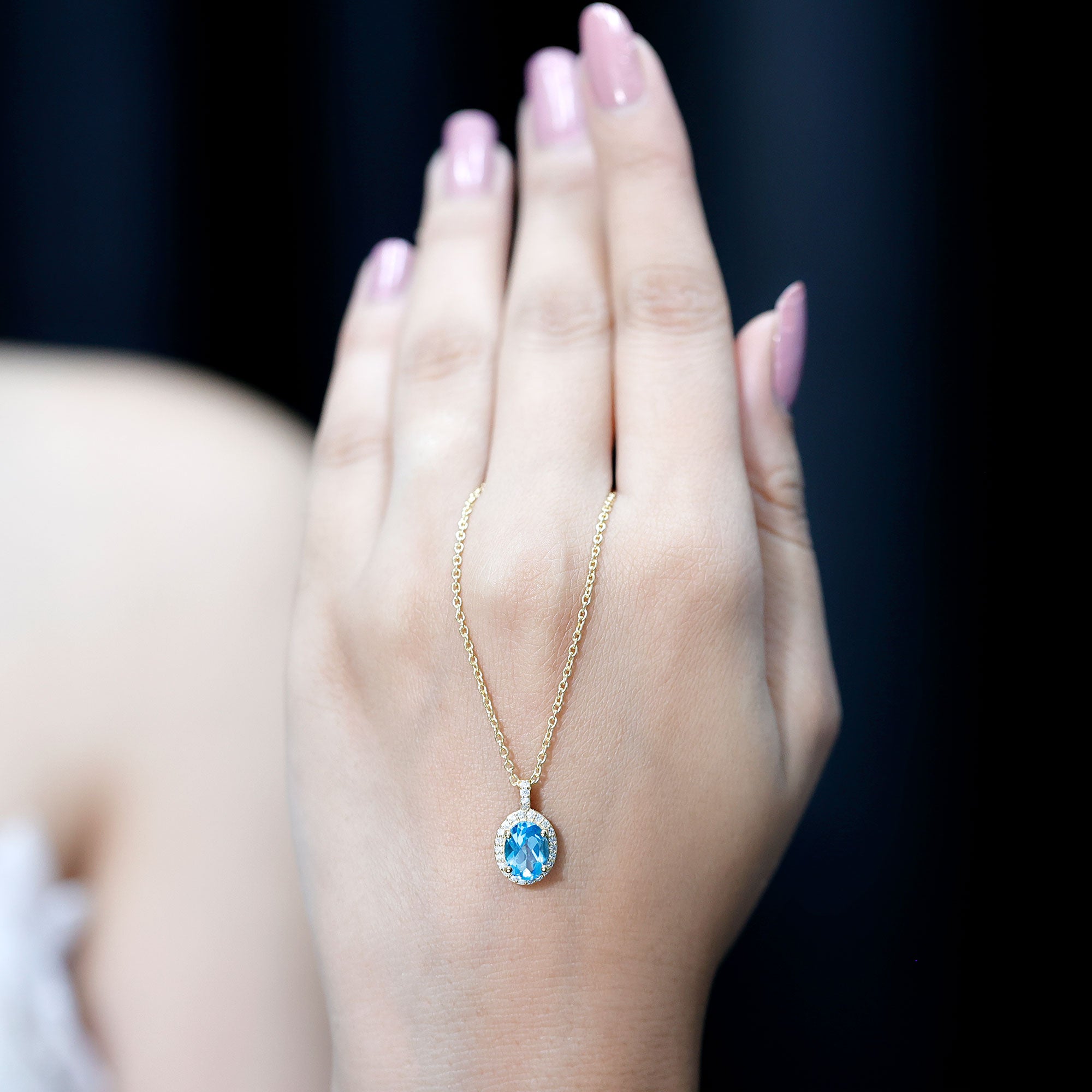 Natural 1 Carat Swiss Blue Topaz and Diamond Halo Necklace With Silver Chain AAA 14K Yellow Gold Plated Silver - Rosec Jewels