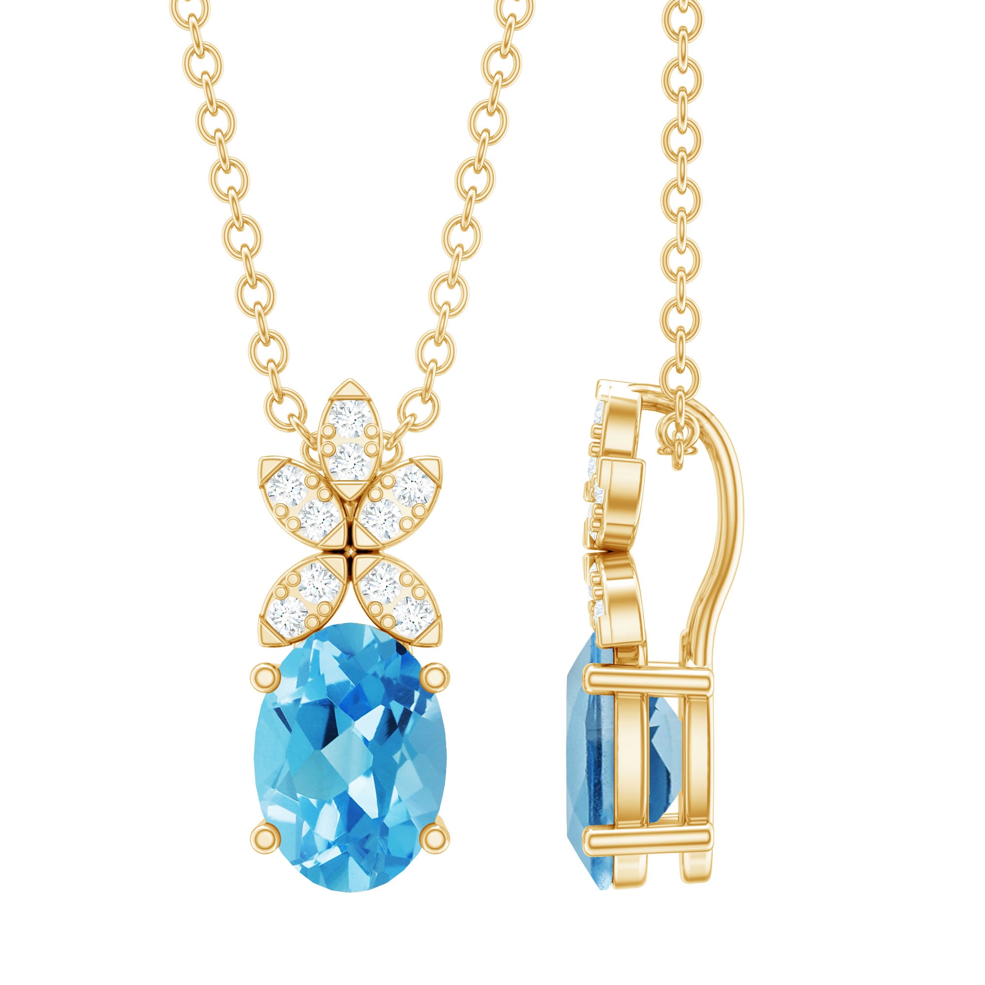 Oval Cut 0.65 Carat Swiss Blue Topaz and Diamond Flower Necklace with Chain AAA 14K Yellow Gold Plated Silver - Rosec Jewels