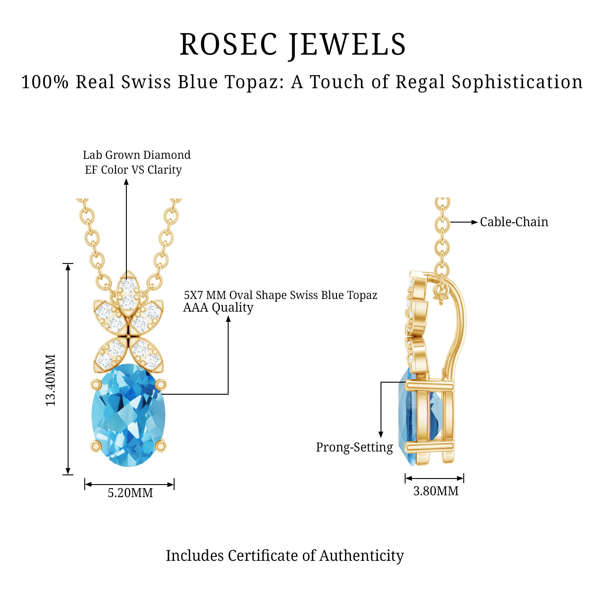 Oval Cut 0.65 Carat Swiss Blue Topaz and Diamond Flower Necklace with Chain AAA 14K Yellow Gold Plated Silver - Rosec Jewels