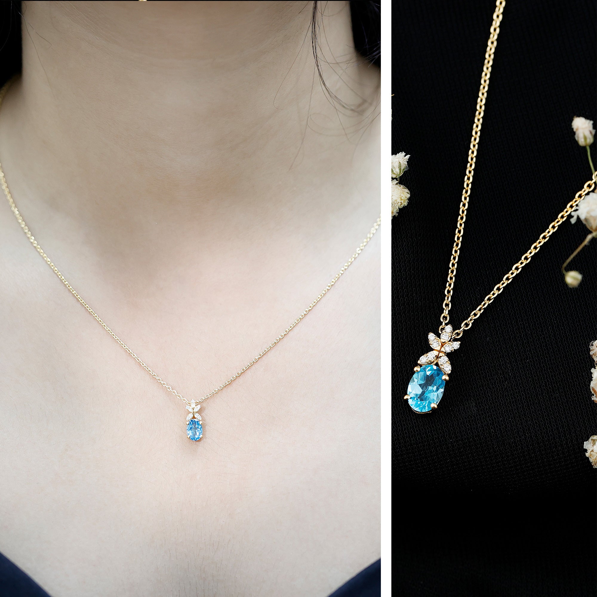 Oval Cut 0.65 Carat Swiss Blue Topaz and Diamond Flower Necklace with Chain AAA 14K Yellow Gold Plated Silver - Rosec Jewels