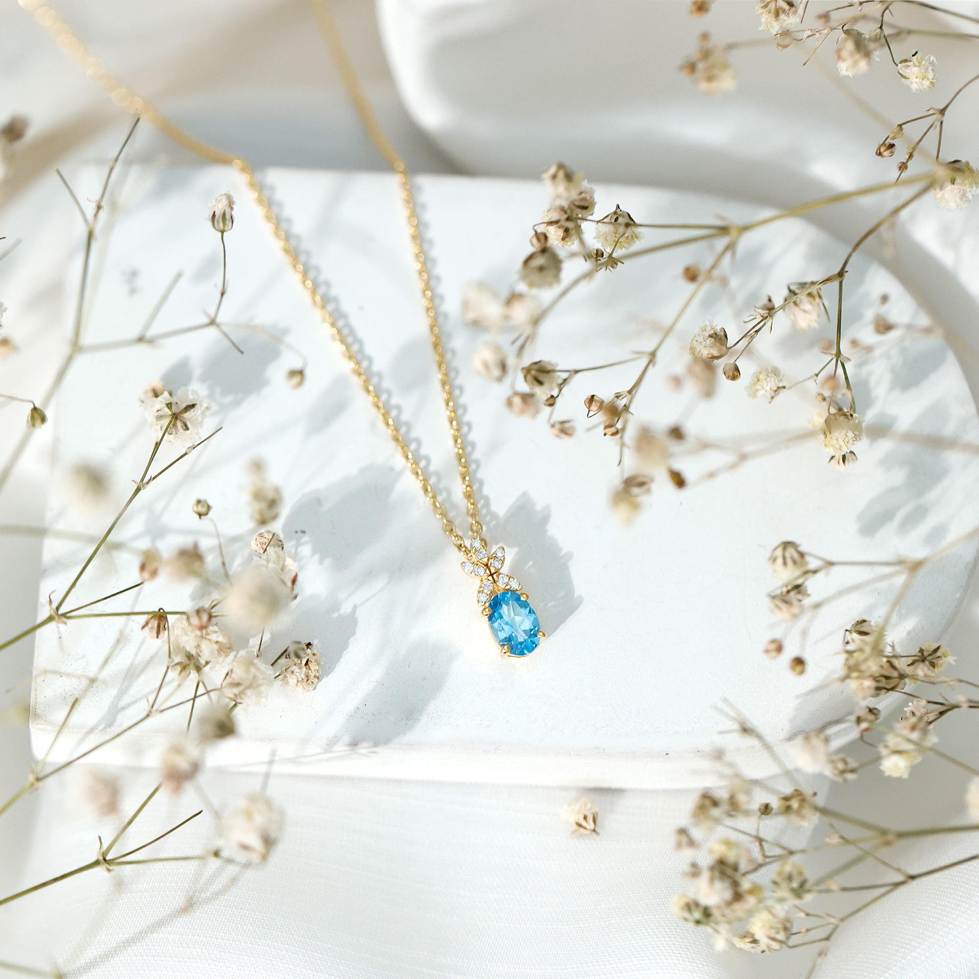Oval Cut 0.65 Carat Swiss Blue Topaz and Diamond Flower Necklace with Chain AAA 14K Yellow Gold Plated Silver - Rosec Jewels