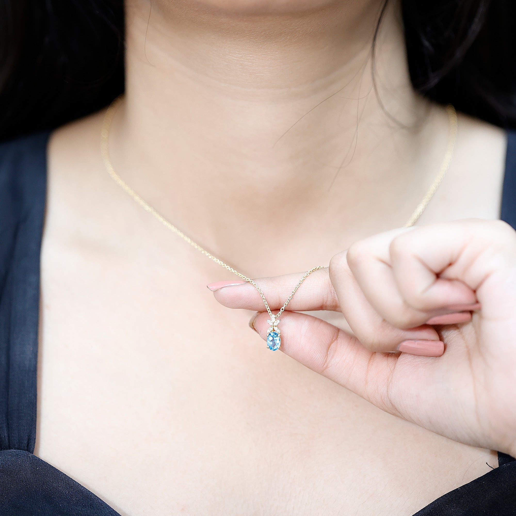Oval Cut 0.65 Carat Swiss Blue Topaz and Diamond Flower Necklace with Chain AAA 14K Yellow Gold Plated Silver - Rosec Jewels