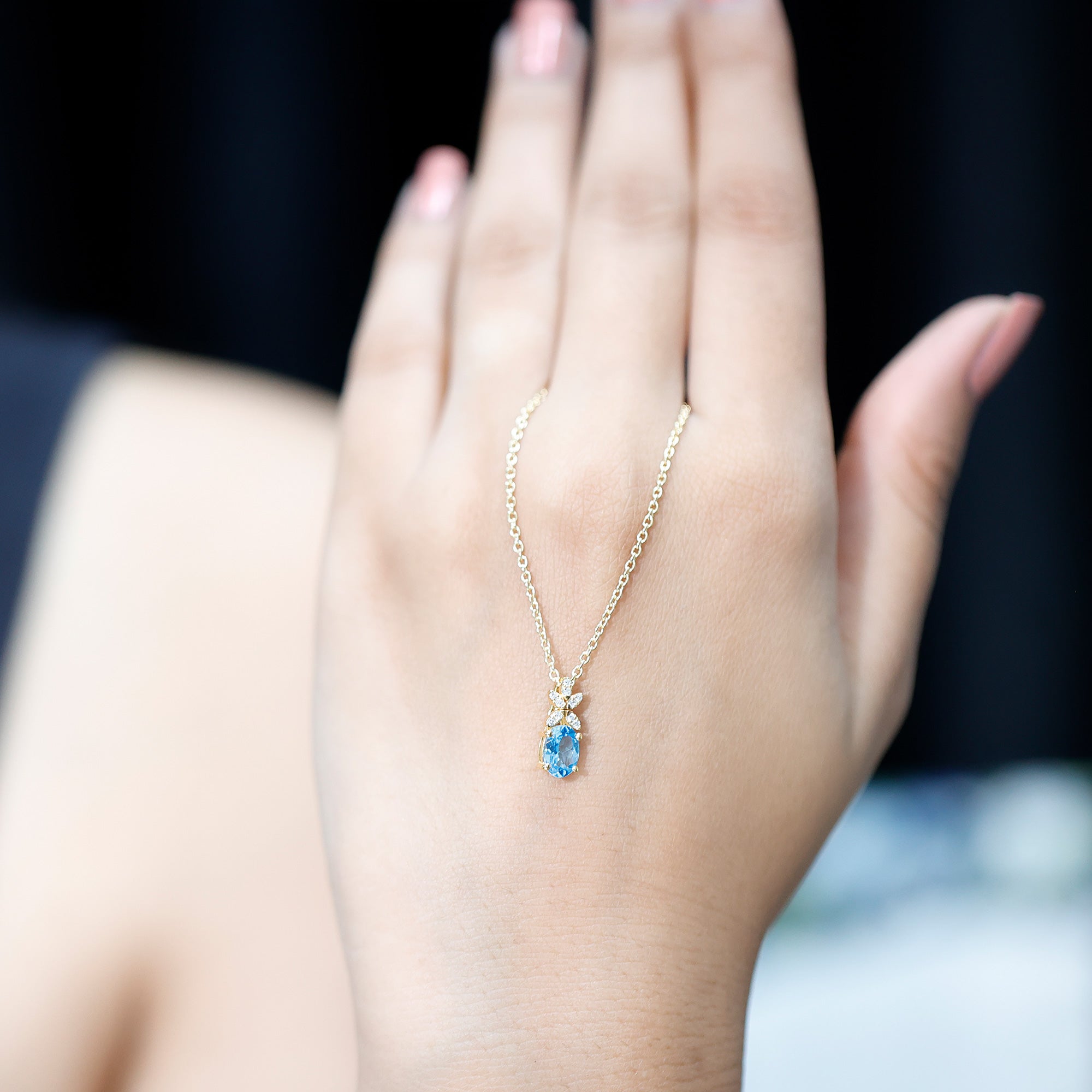 Oval Cut 0.65 Carat Swiss Blue Topaz and Diamond Flower Necklace with Chain AAA 14K Yellow Gold Plated Silver - Rosec Jewels