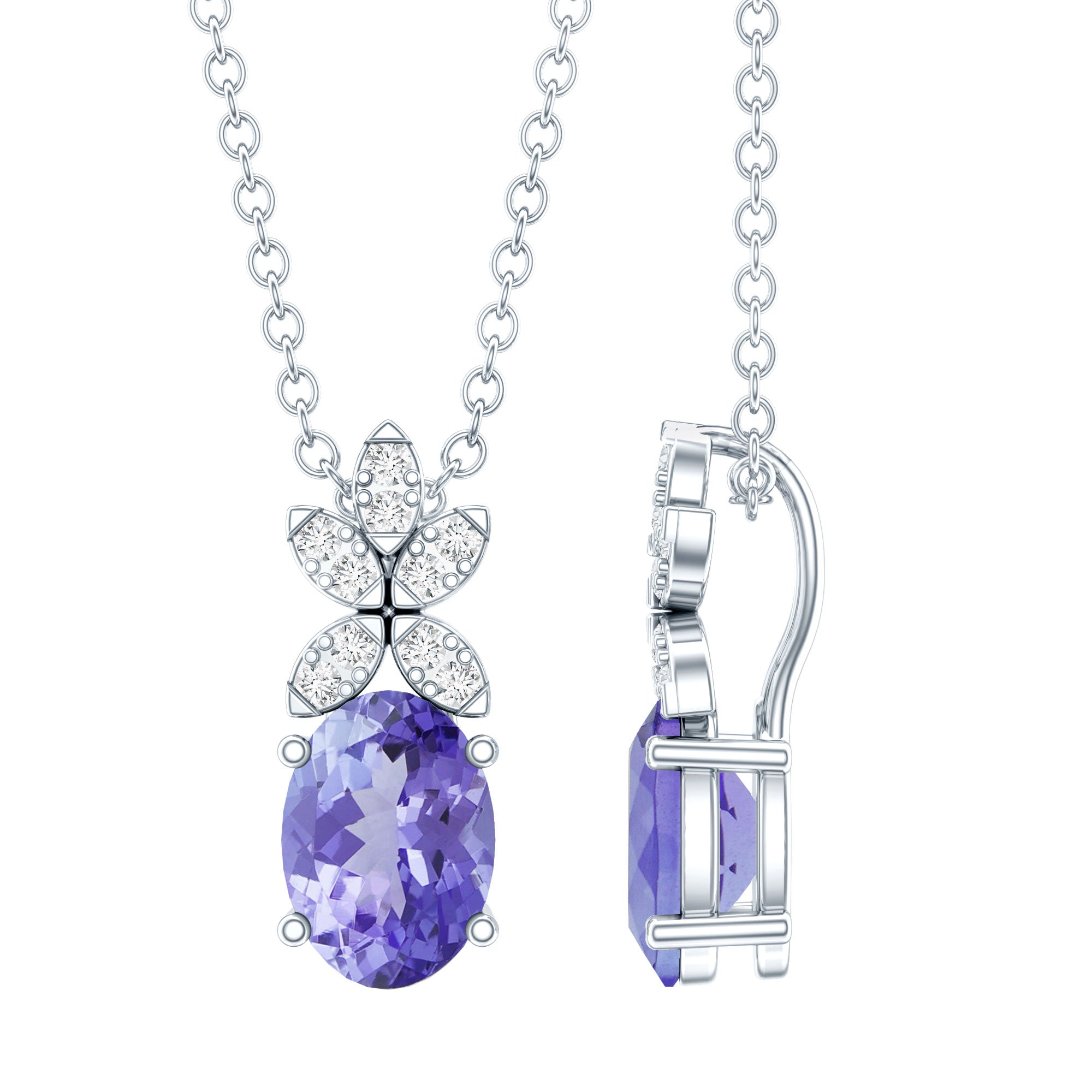 Oval Shaped 1 Carat Tanzanite Pendant Necklace with Diamond Flower AAA 92.5 Sterling Silver - Rosec Jewels