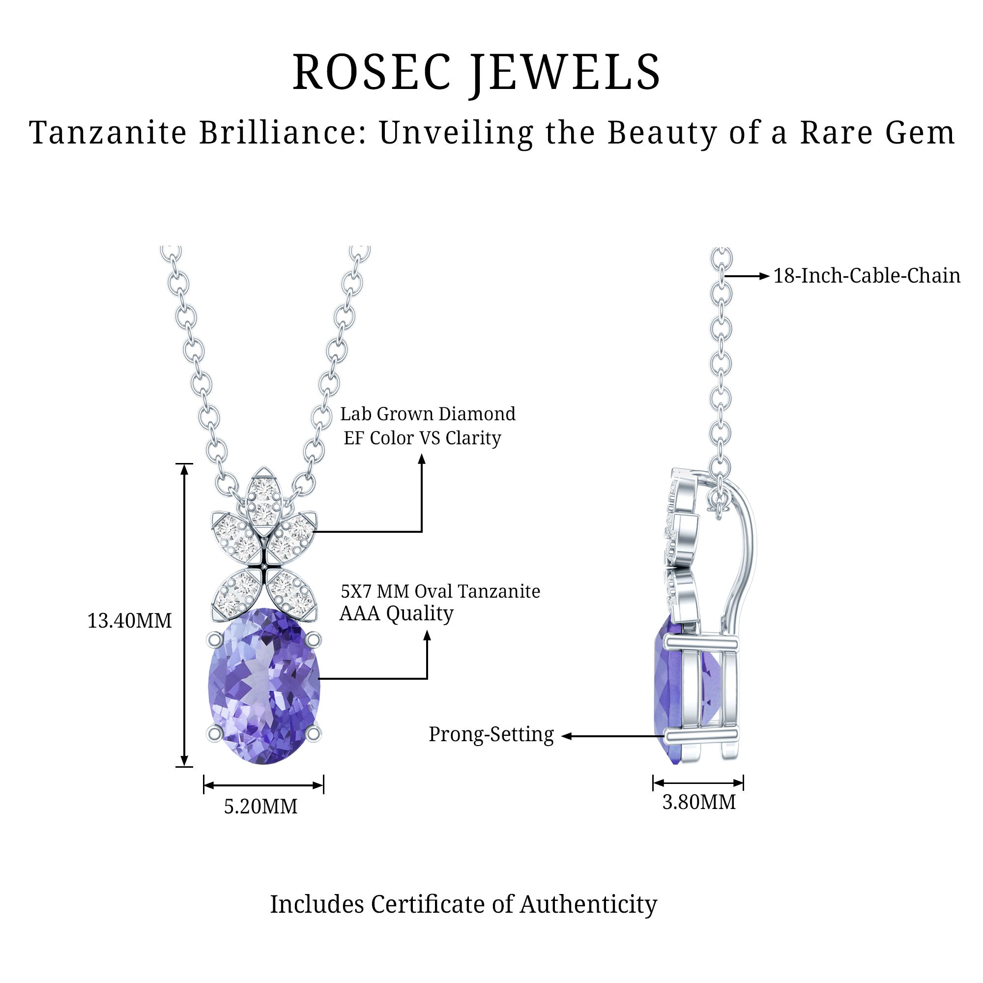 Oval Shaped 1 Carat Tanzanite Pendant Necklace with Diamond Flower AAA 92.5 Sterling Silver - Rosec Jewels