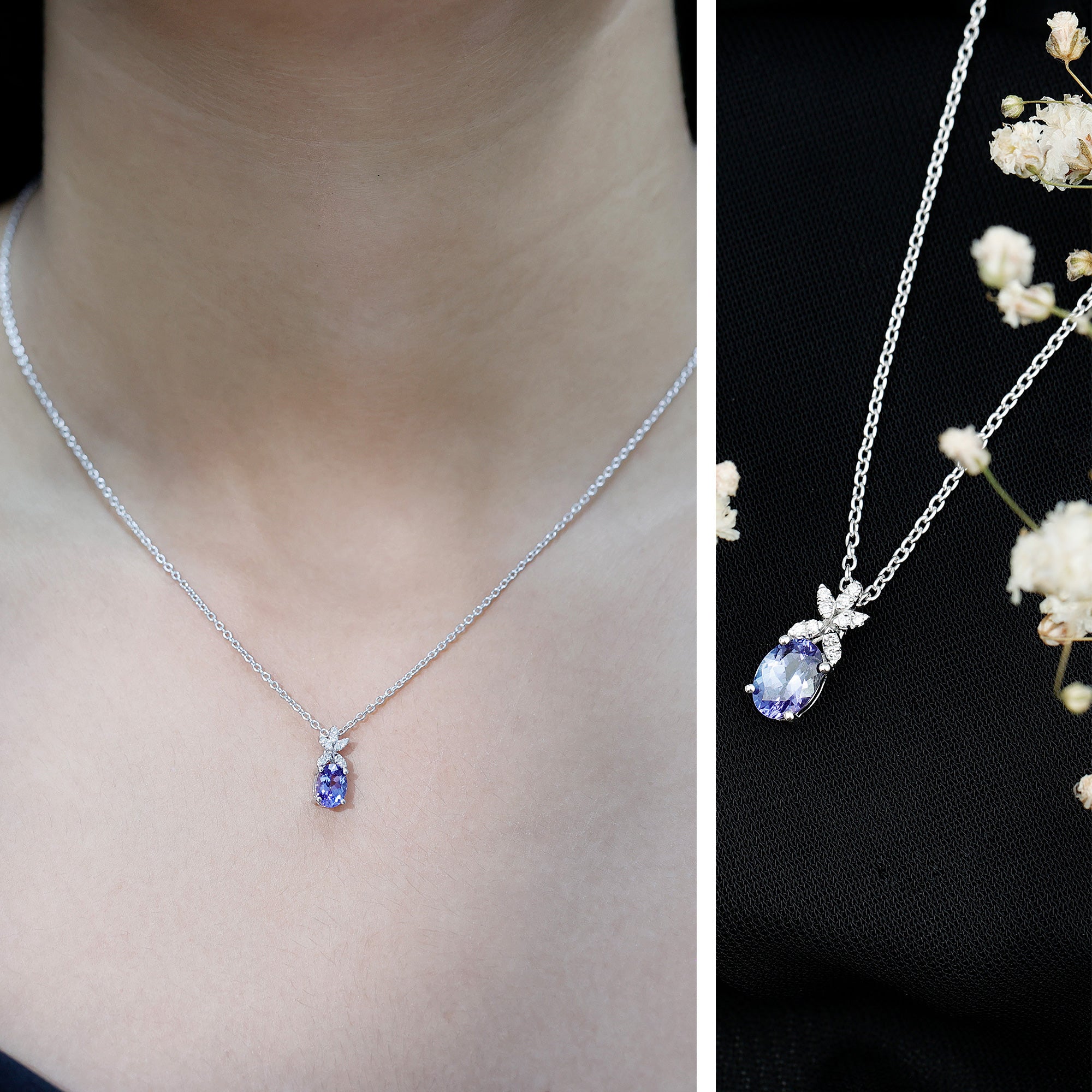 Oval Shaped 1 Carat Tanzanite Pendant Necklace with Diamond Flower AAA 92.5 Sterling Silver - Rosec Jewels