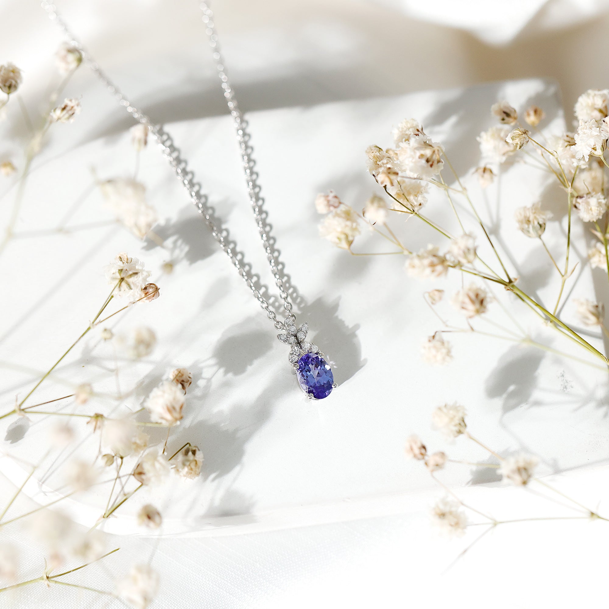 Oval Shaped 1 Carat Tanzanite Pendant Necklace with Diamond Flower AAA 92.5 Sterling Silver - Rosec Jewels