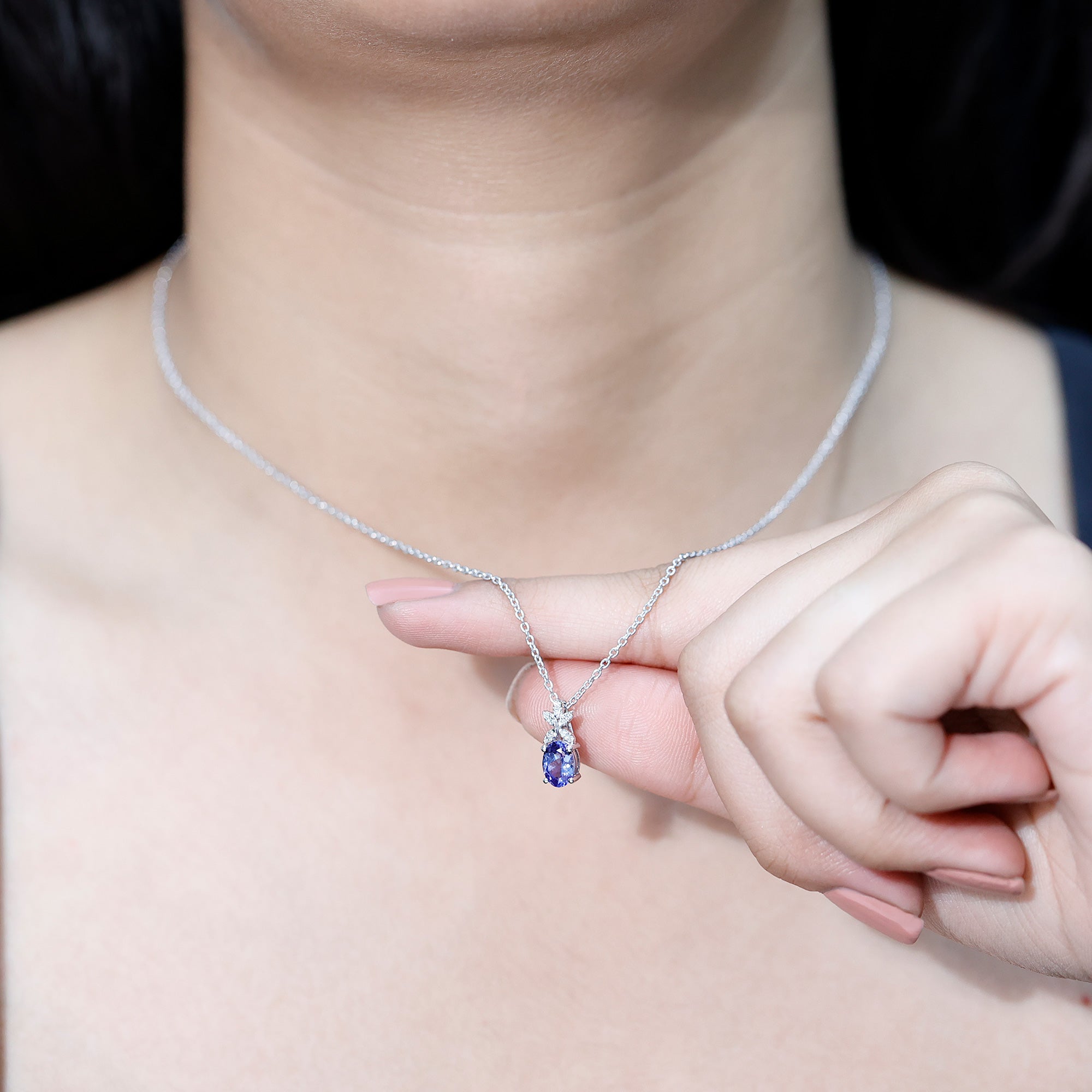 Oval Shaped 1 Carat Tanzanite Pendant Necklace with Diamond Flower AAA 92.5 Sterling Silver - Rosec Jewels
