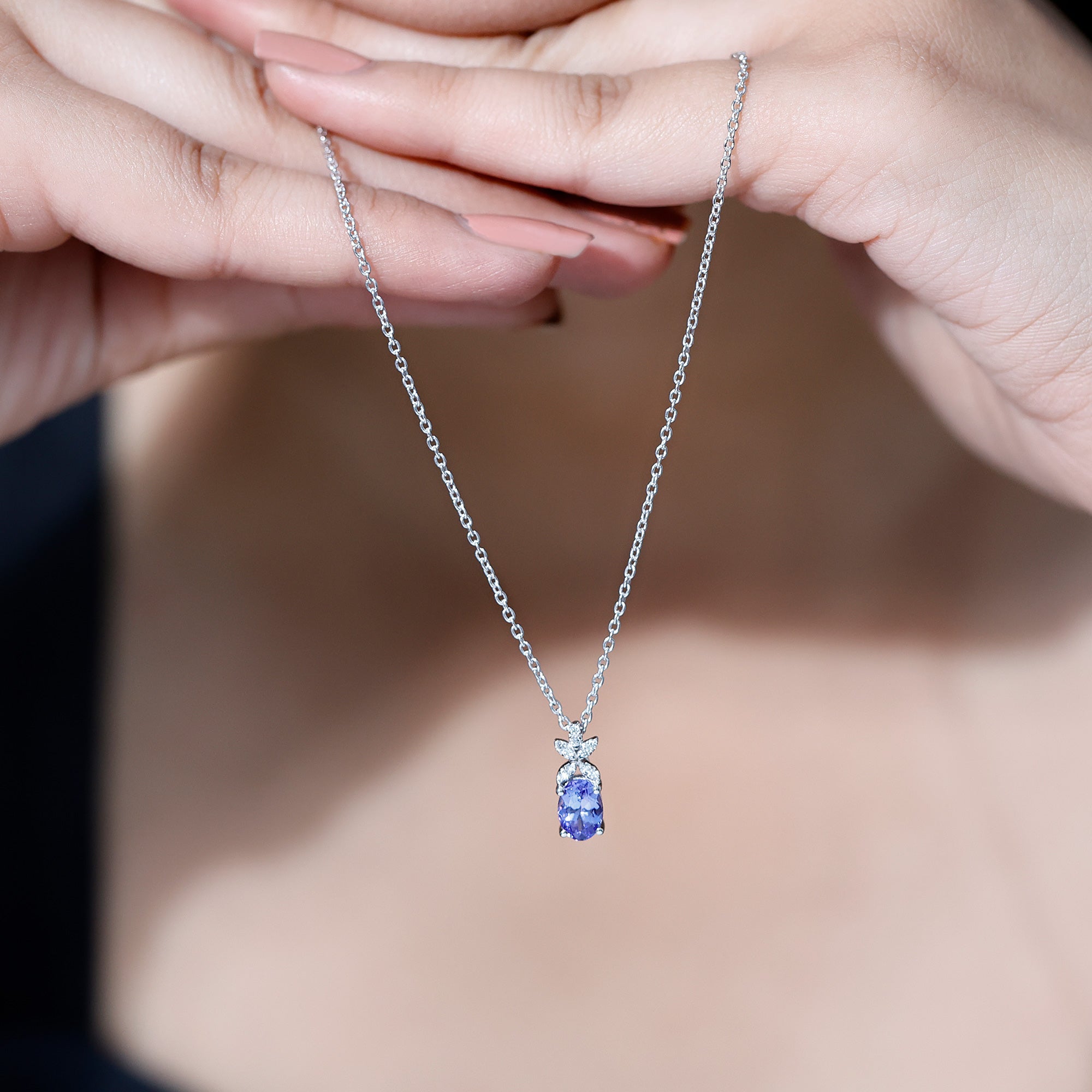 Oval Shaped 1 Carat Tanzanite Pendant Necklace with Diamond Flower AAA 92.5 Sterling Silver - Rosec Jewels