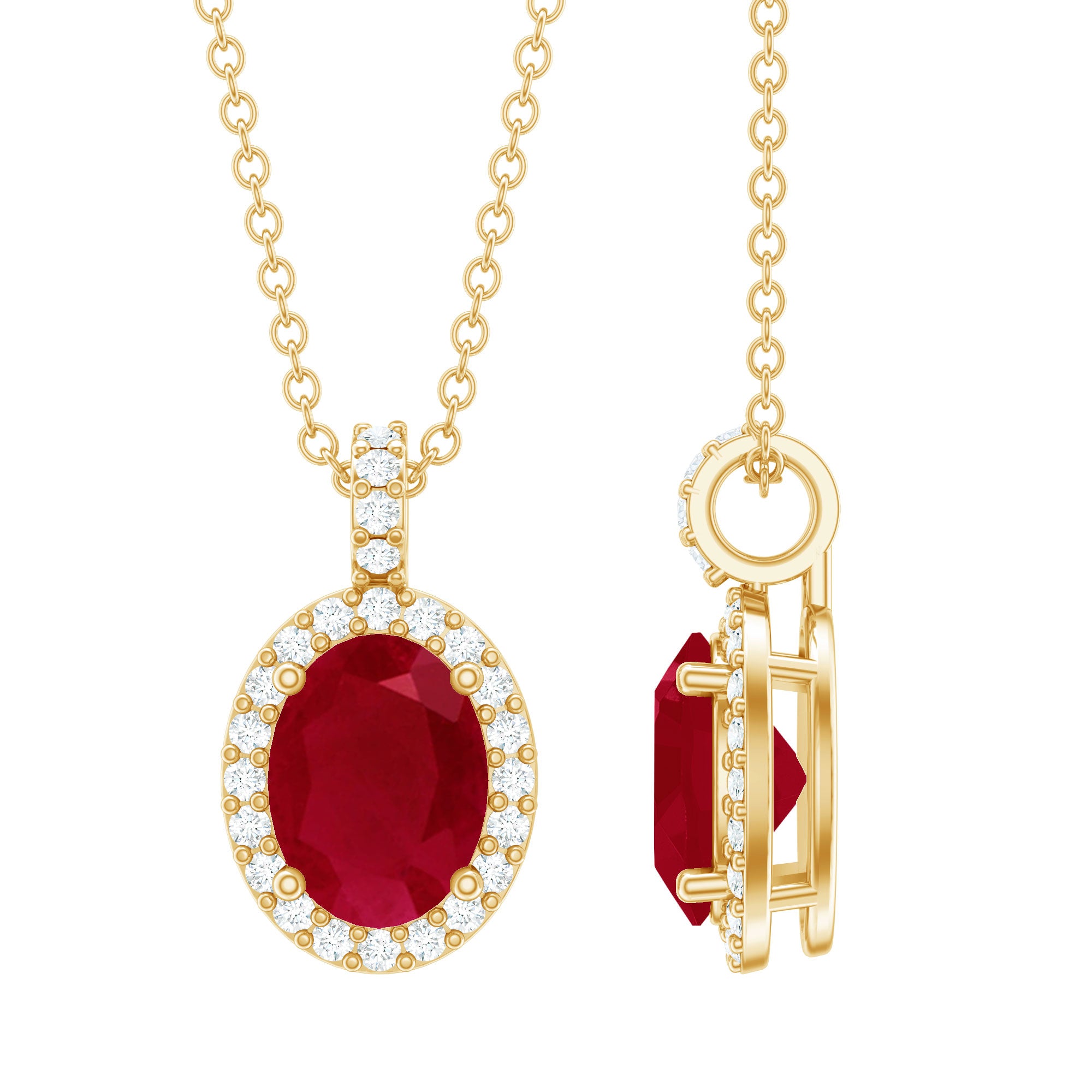 Natural 1.5 Carat Ruby Pendant Necklace with Diamond Halo in Gold Plated Silver AAA 14K Yellow Gold Plated Silver - Rosec Jewels