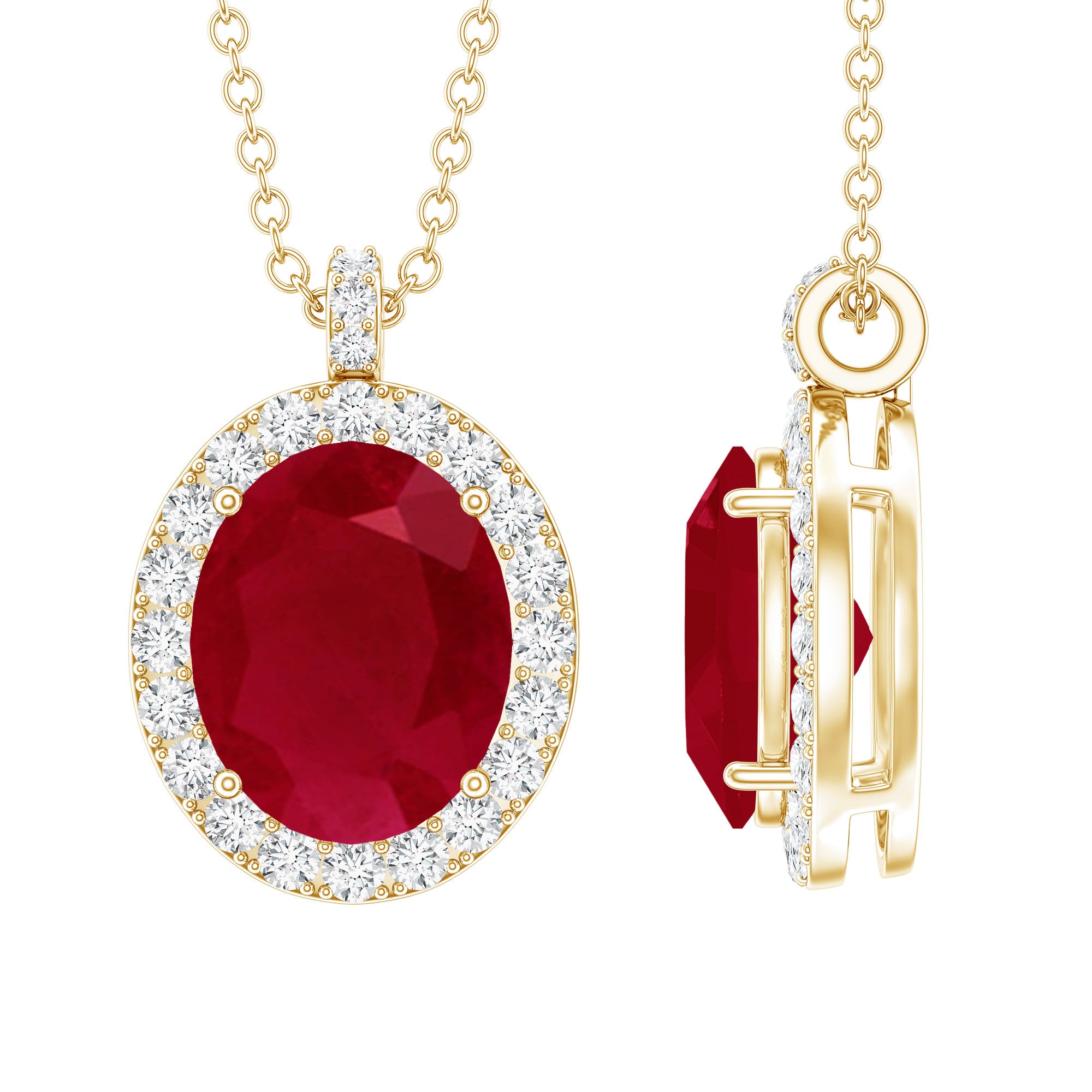 Natural 1.5 Carat Ruby Pendant Necklace with Diamond Halo in Gold Plated Silver AAA 14K Yellow Gold Plated Silver - Rosec Jewels