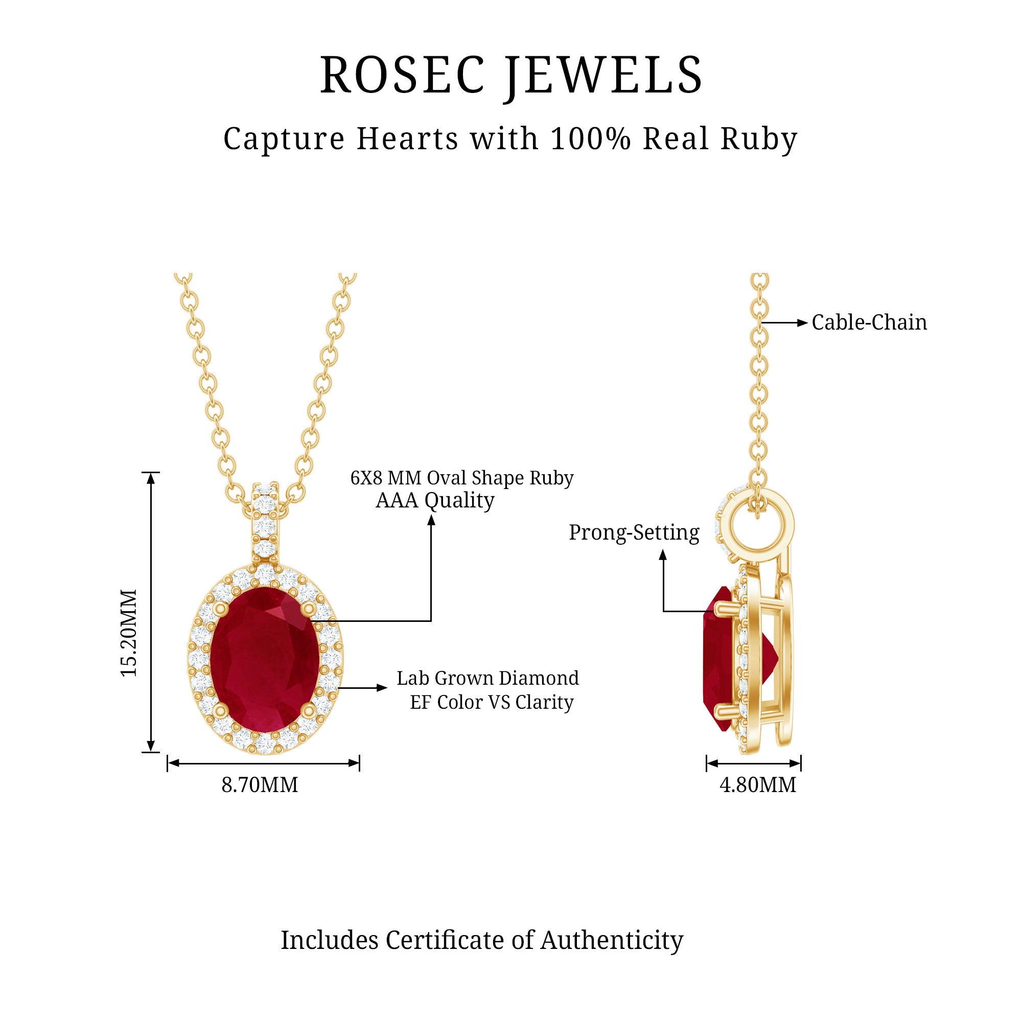 Natural 1.5 Carat Ruby Pendant Necklace with Diamond Halo in Gold Plated Silver AAA 14K Yellow Gold Plated Silver - Rosec Jewels