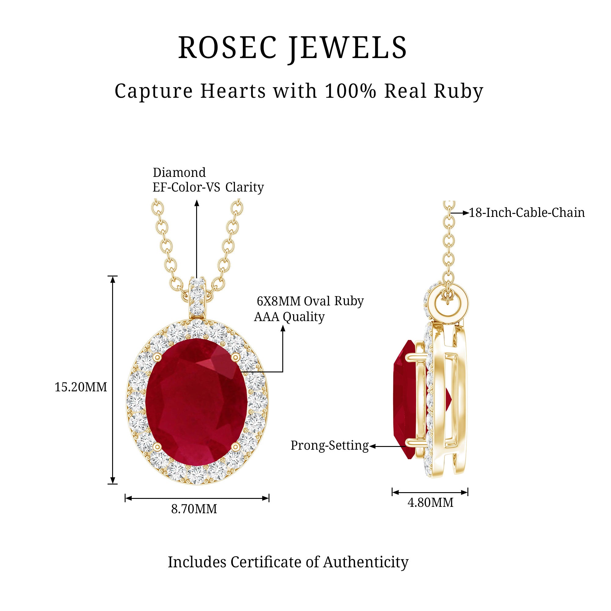 Natural 1.5 Carat Ruby Pendant Necklace with Diamond Halo in Gold Plated Silver AAA 14K Yellow Gold Plated Silver - Rosec Jewels