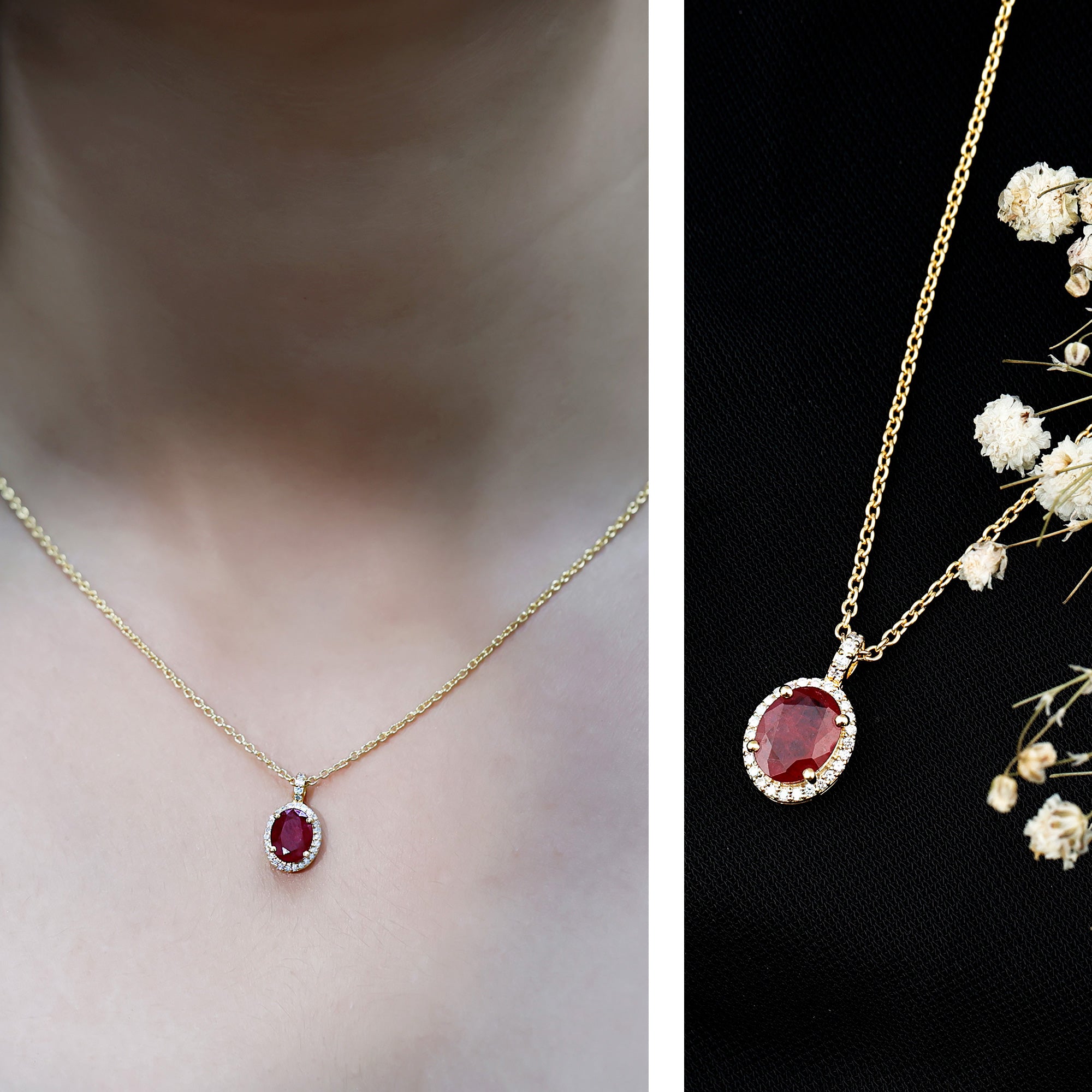 Natural 1.5 Carat Ruby Pendant Necklace with Diamond Halo in Gold Plated Silver AAA 14K Yellow Gold Plated Silver - Rosec Jewels
