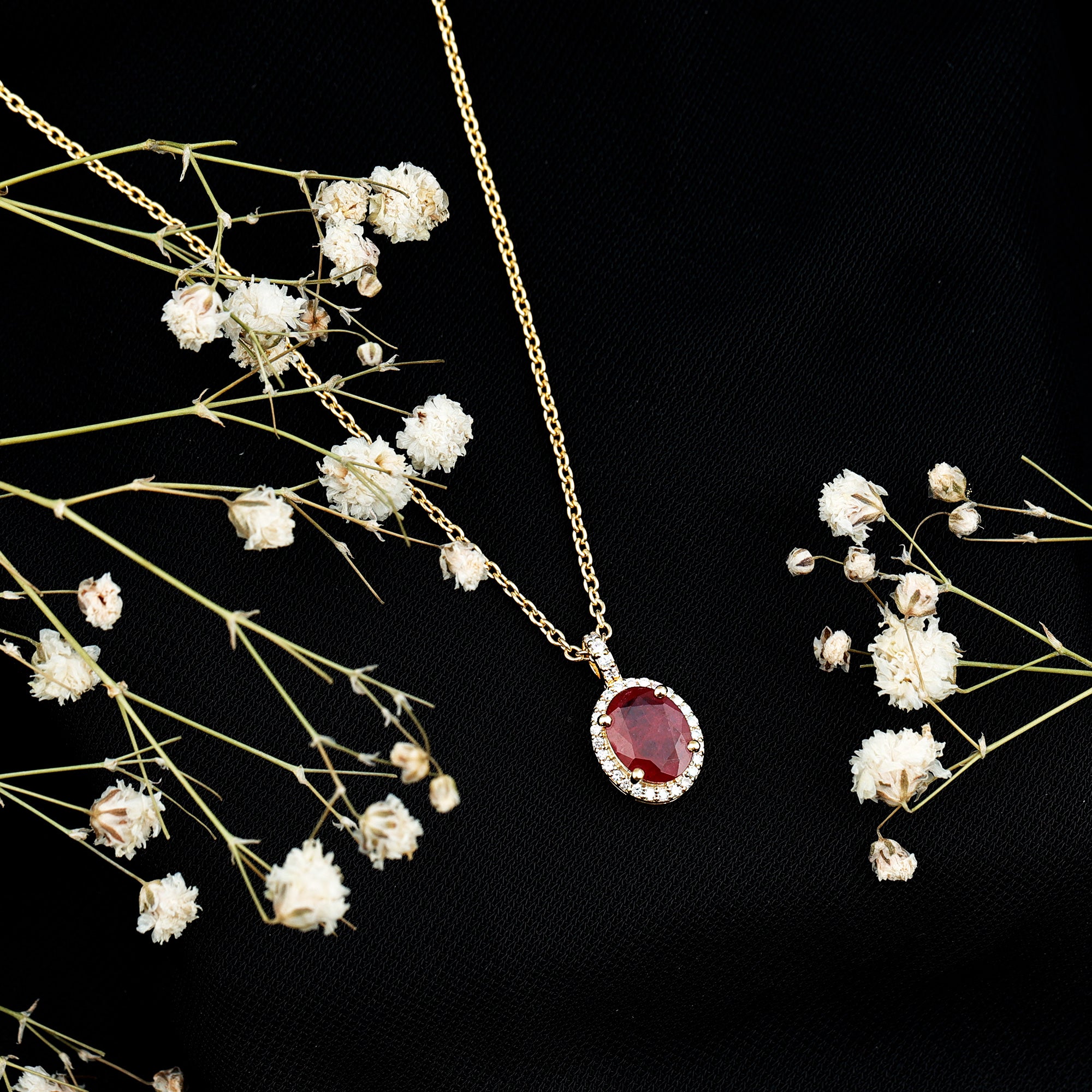Natural 1.5 Carat Ruby Pendant Necklace with Diamond Halo in Gold Plated Silver AAA 14K Yellow Gold Plated Silver - Rosec Jewels