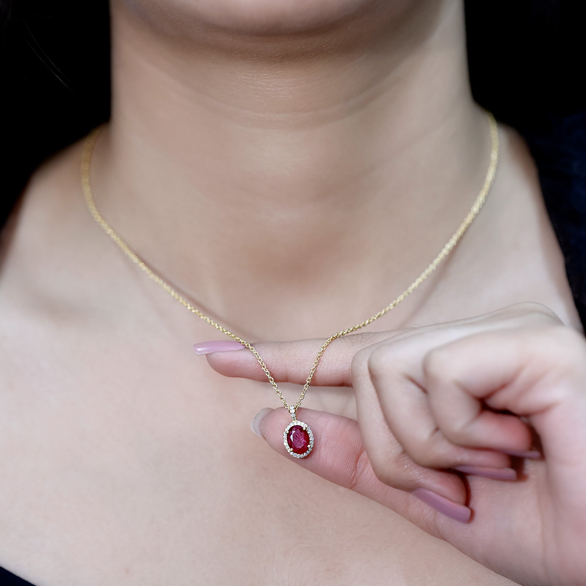 Natural 1.5 Carat Ruby Pendant Necklace with Diamond Halo in Gold Plated Silver AAA 14K Yellow Gold Plated Silver - Rosec Jewels