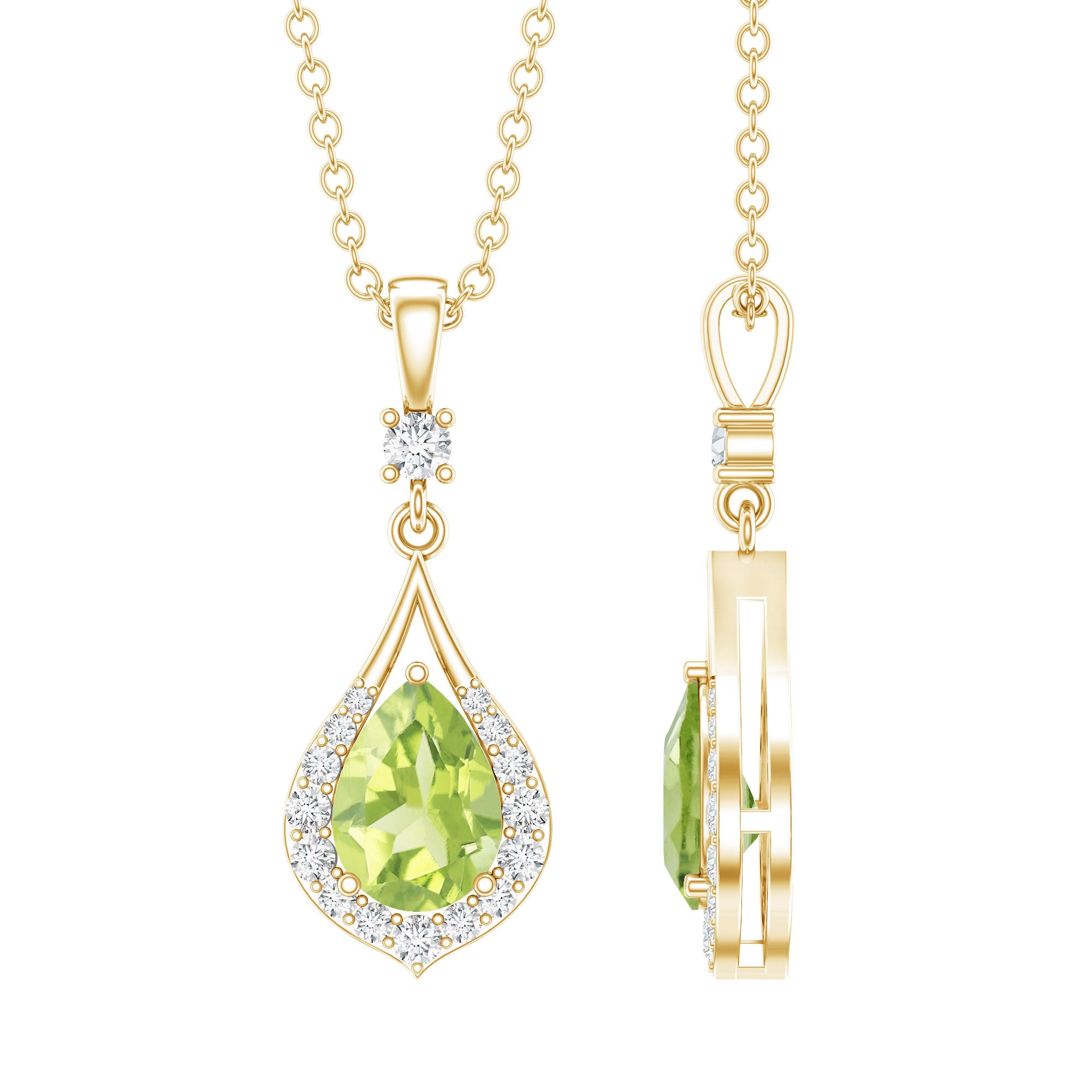 Certified Peridot and Diamond Teardrop Necklace in Gold Plated Silver AAA 14K Yellow Gold Plated Silver - Rosec Jewels