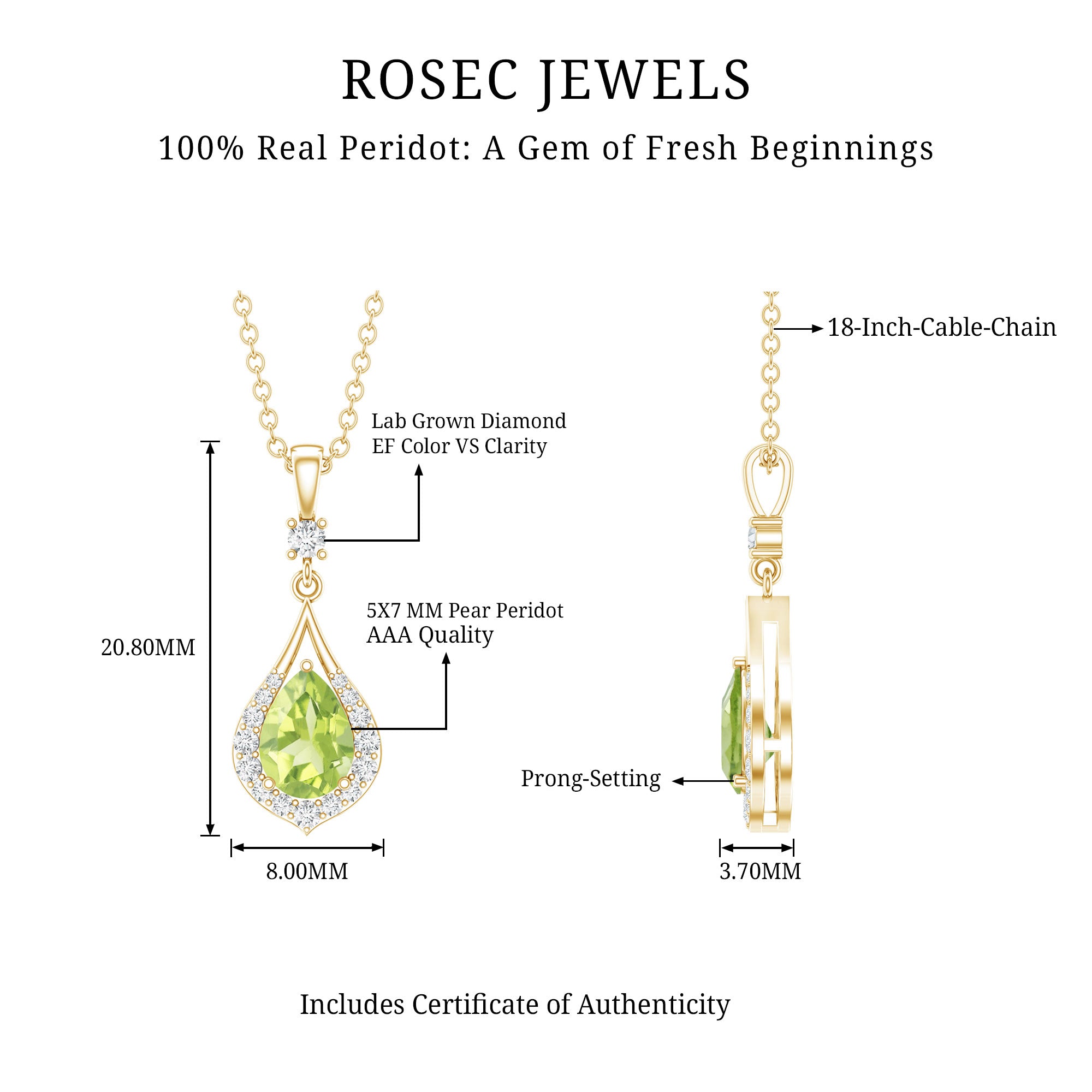 Certified Peridot and Diamond Teardrop Necklace in Gold Plated Silver AAA 14K Yellow Gold Plated Silver - Rosec Jewels