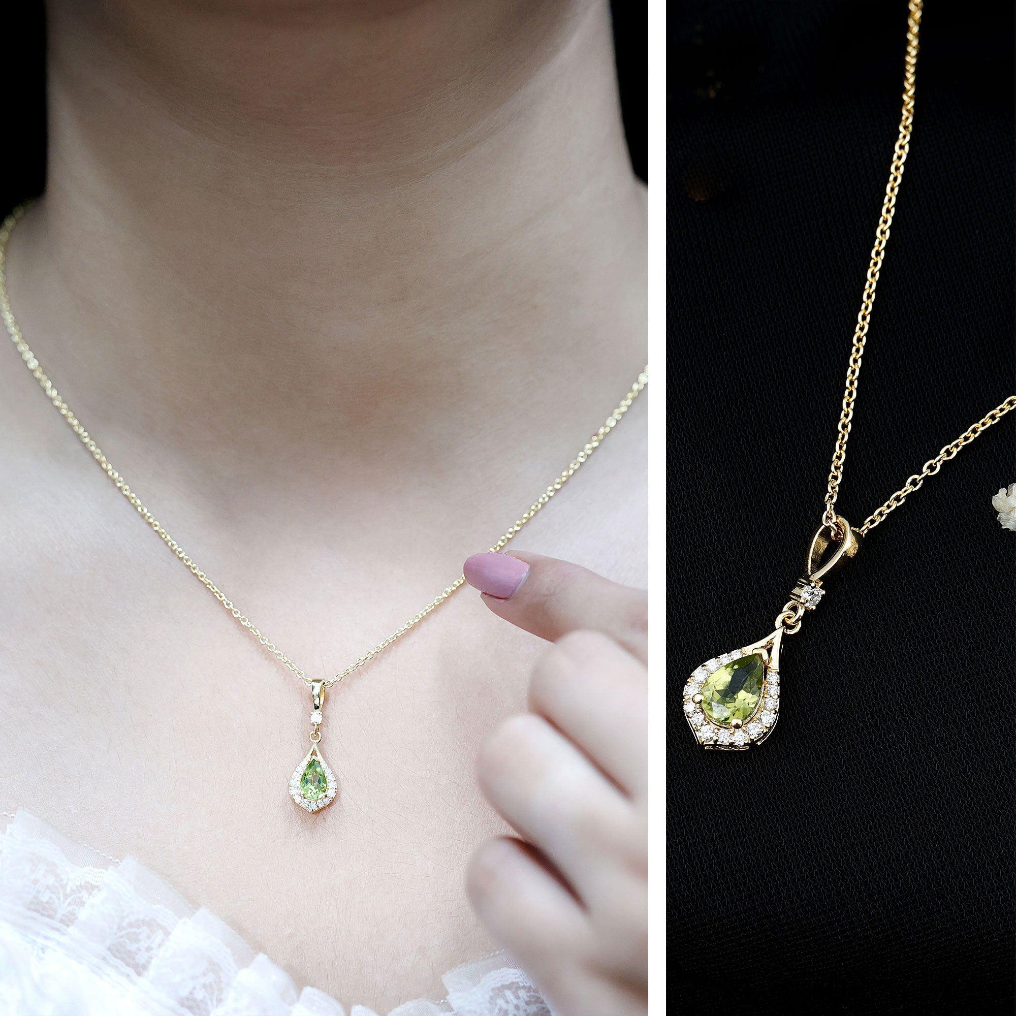 Certified Peridot and Diamond Teardrop Necklace in Gold Plated Silver AAA 14K Yellow Gold Plated Silver - Rosec Jewels