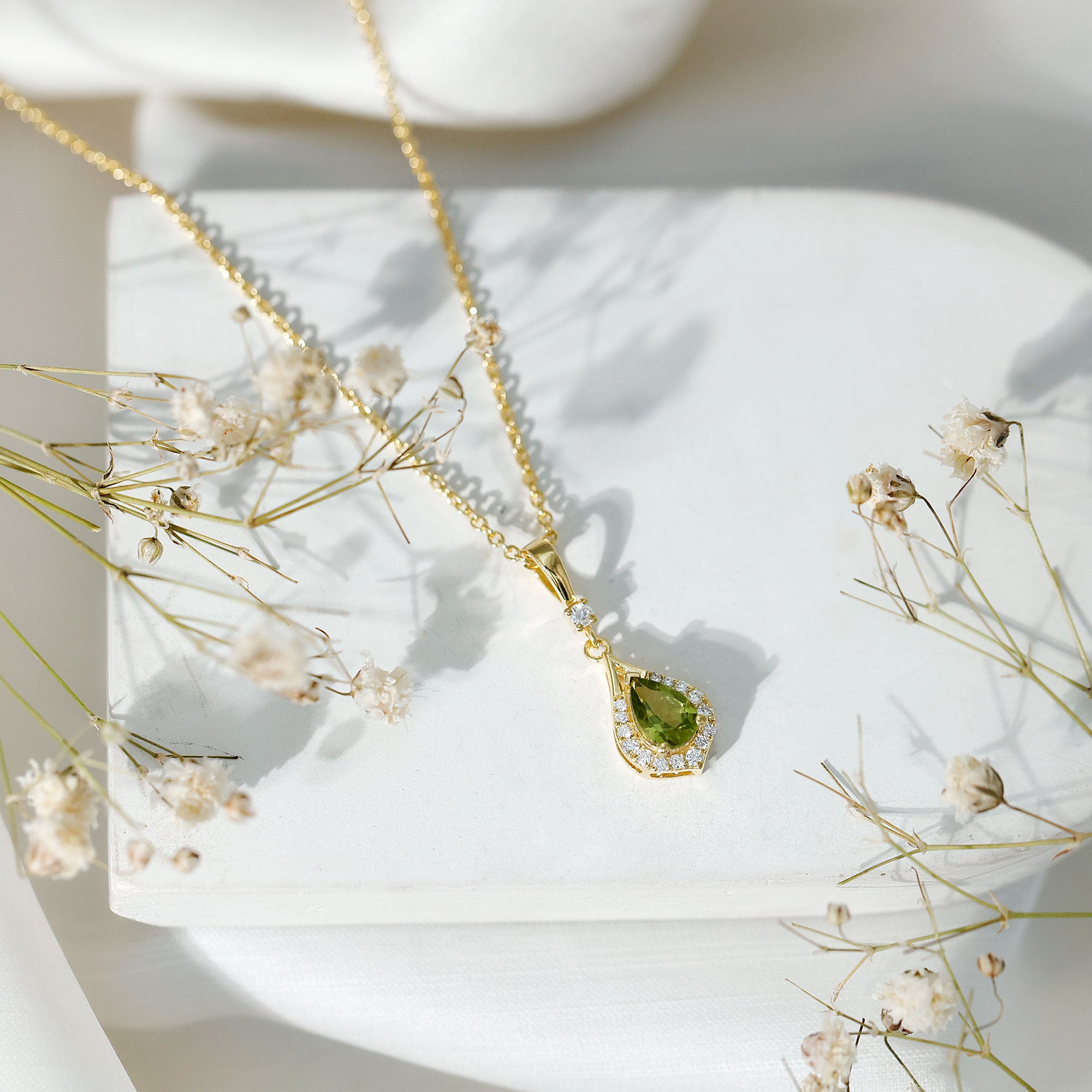 Certified Peridot and Diamond Teardrop Necklace in Gold Plated Silver AAA 14K Yellow Gold Plated Silver - Rosec Jewels