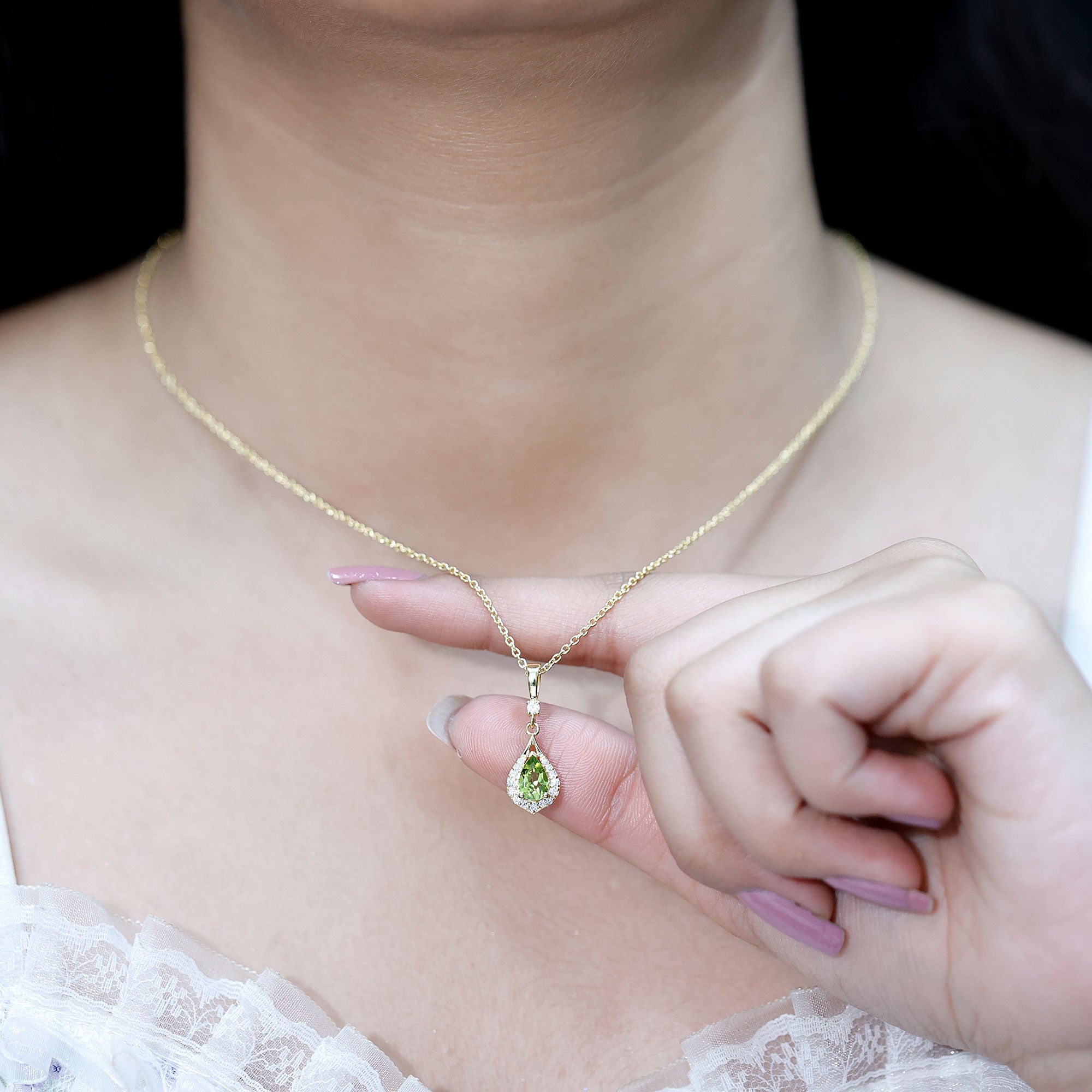 Certified Peridot and Diamond Teardrop Necklace in Gold Plated Silver AAA 14K Yellow Gold Plated Silver - Rosec Jewels