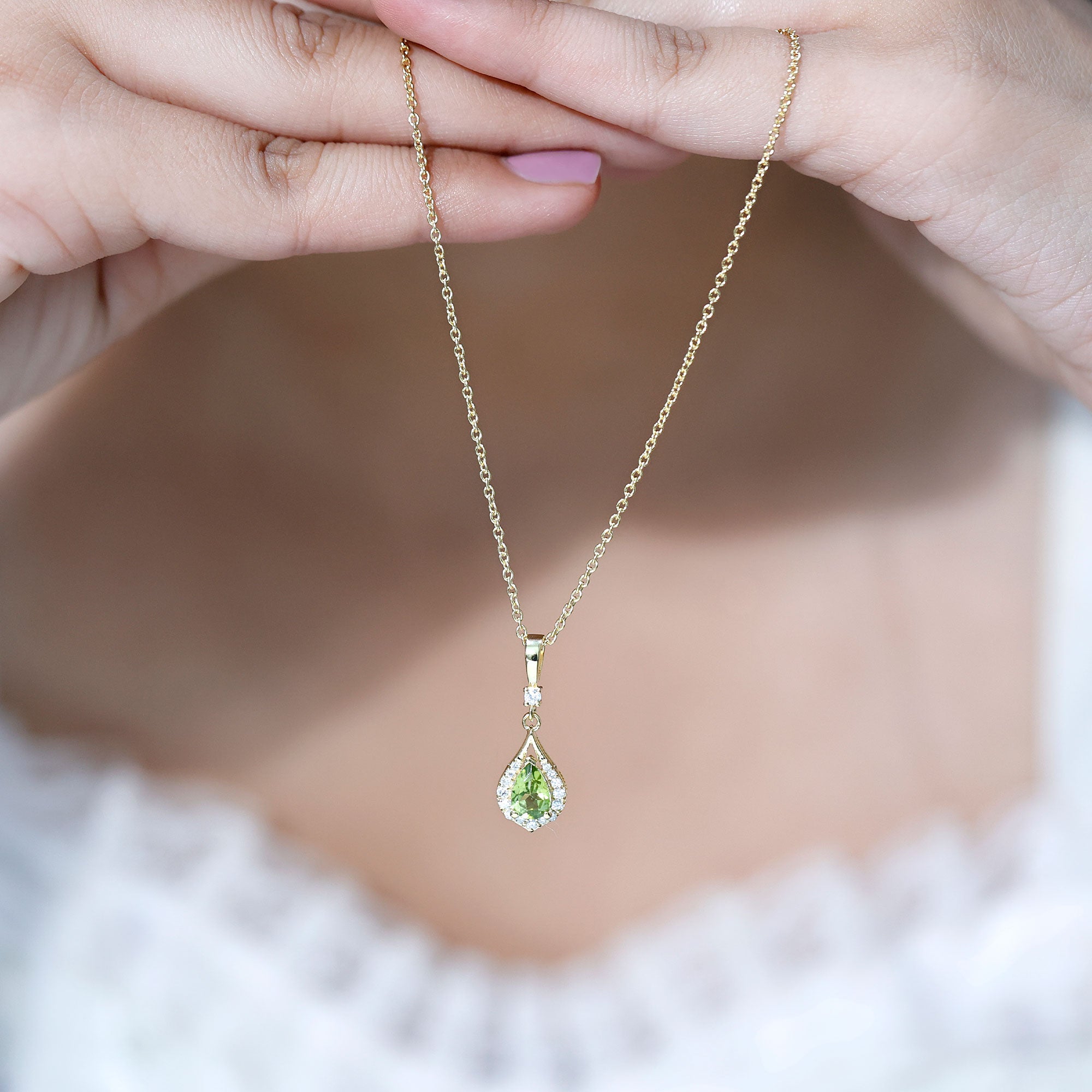 Certified Peridot and Diamond Teardrop Necklace in Gold Plated Silver AAA 14K Yellow Gold Plated Silver - Rosec Jewels