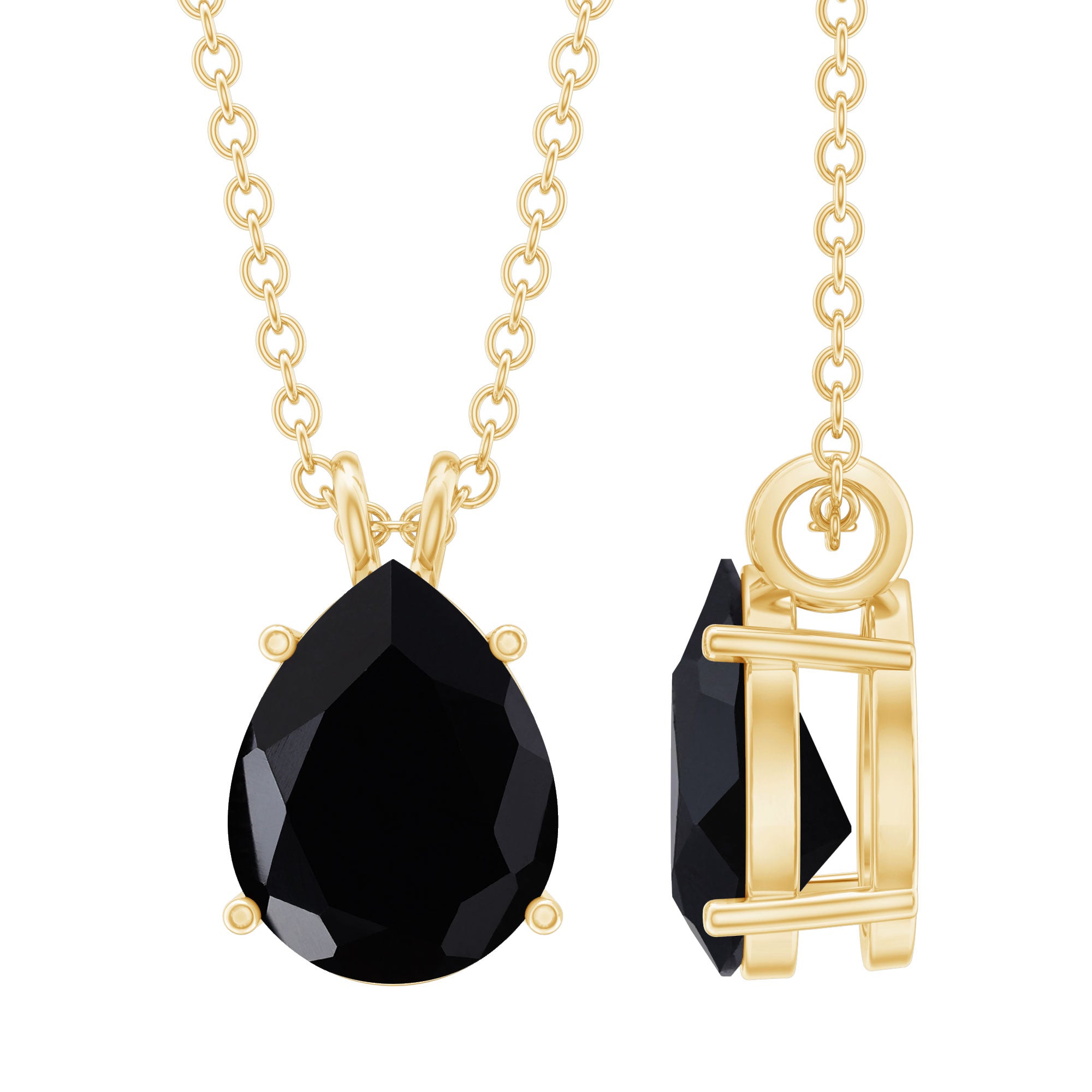 1.6 Carat Pear Shaped Black Onyx Solitaire Necklace with Silver Chain AAA 14K Yellow Gold Plated Silver - Rosec Jewels