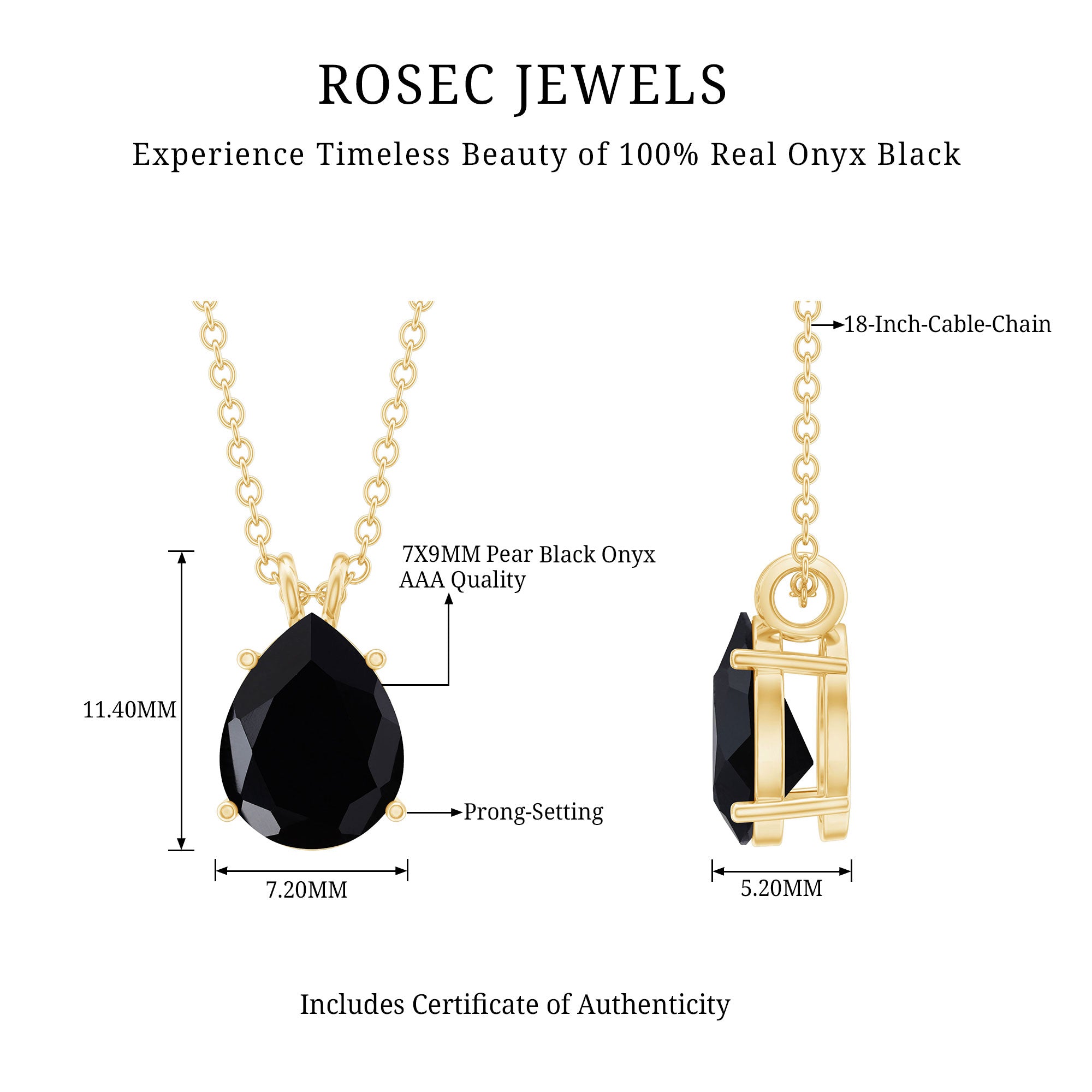 1.6 Carat Pear Shaped Black Onyx Solitaire Necklace with Silver Chain AAA 14K Yellow Gold Plated Silver - Rosec Jewels