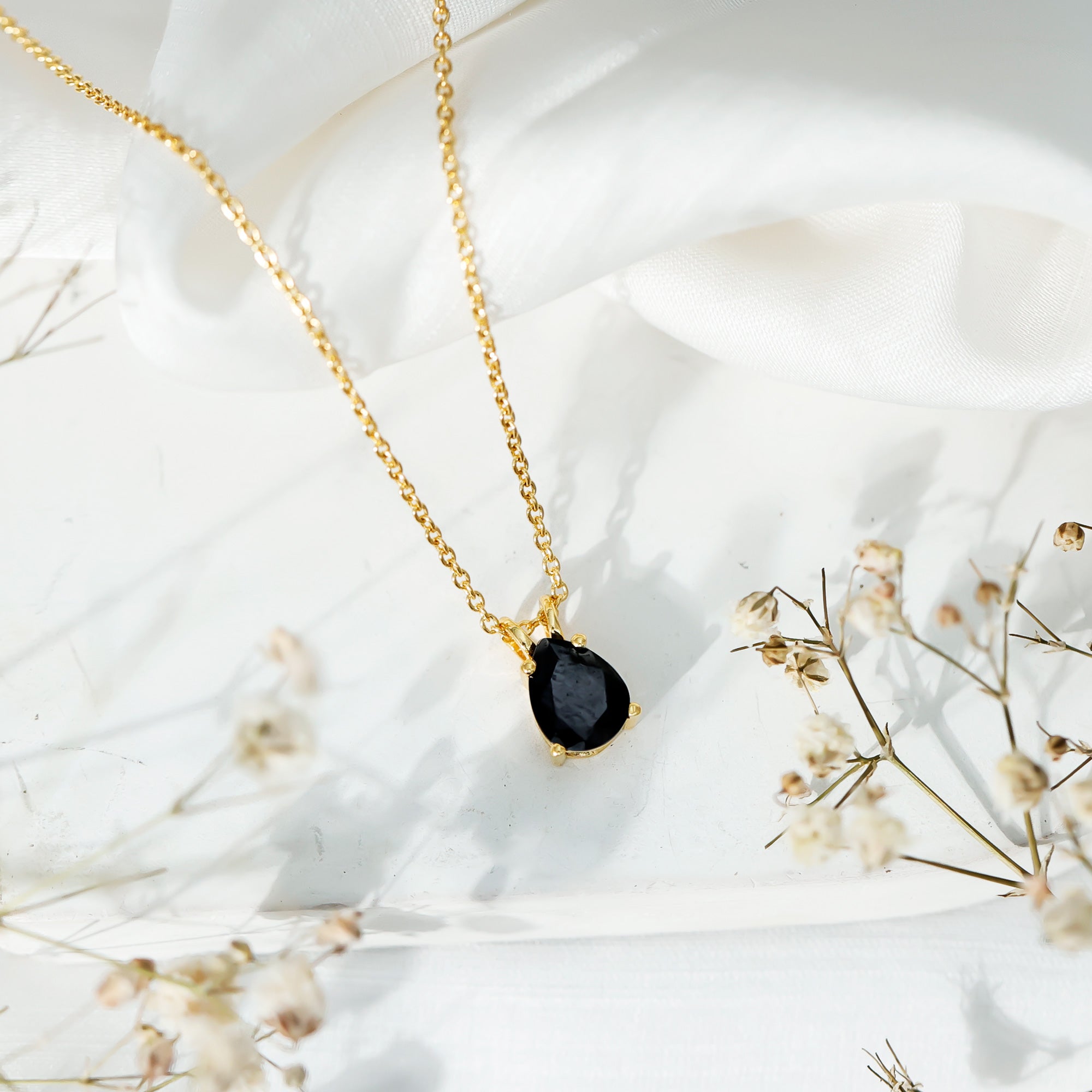 1.6 Carat Pear Shaped Black Onyx Solitaire Necklace with Silver Chain AAA 14K Yellow Gold Plated Silver - Rosec Jewels